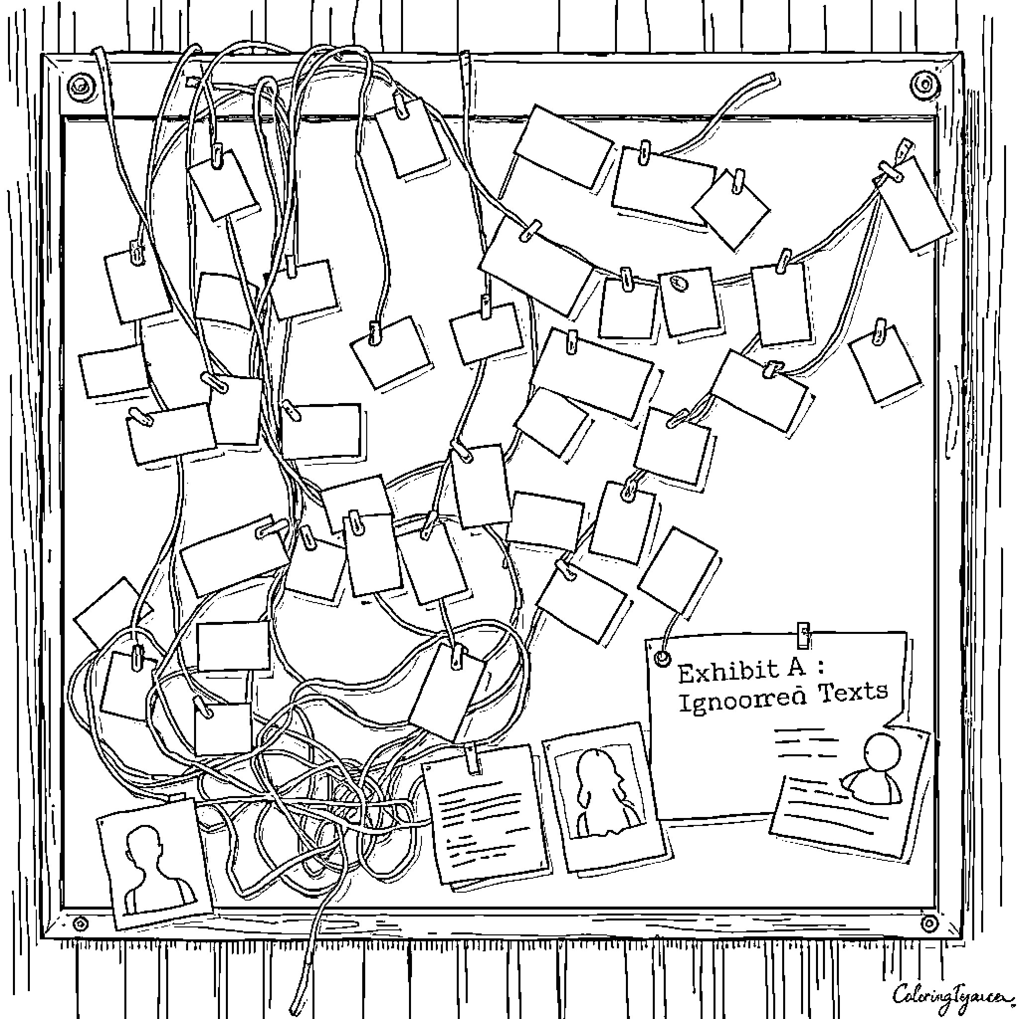 Corkboard with Scattered Notes and Documents Coloring Page (free black-and-white line drawing printable PDF for all, from beginners to advanced learners, including children, teens, adults, and seniors)