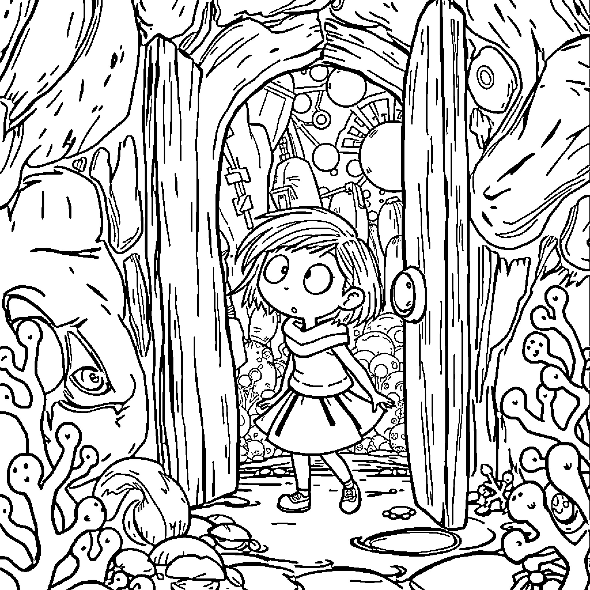 Coraline exploring the magical doorway Coloring Page (free black-and-white line drawing printable PDF for all, from beginners to advanced learners, including children, teens, adults, and seniors)