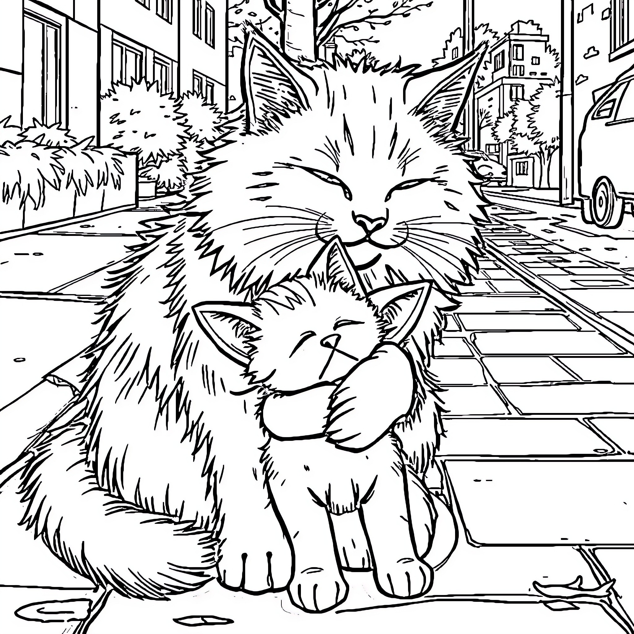 Cat siblings playing on the sidewalk Coloring Page (free black-and-white line drawing printable PDF for all, from beginners to advanced learners, including children, teens, adults, and seniors)