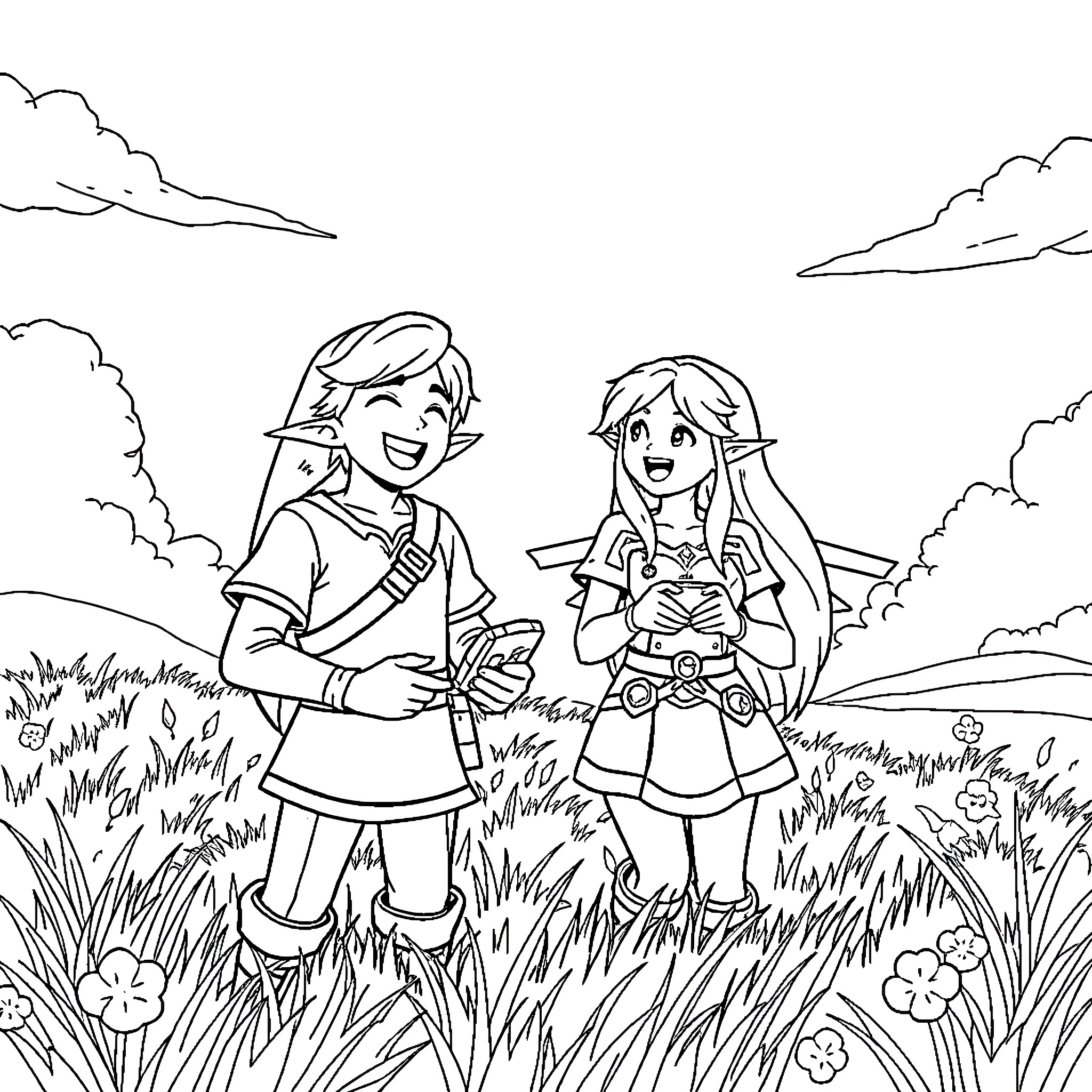 Link's Adventurous Exploration with Companion Coloring Page (free black-and-white line drawing printable PDF for all, from beginners to advanced learners, including children, teens, adults, and seniors)