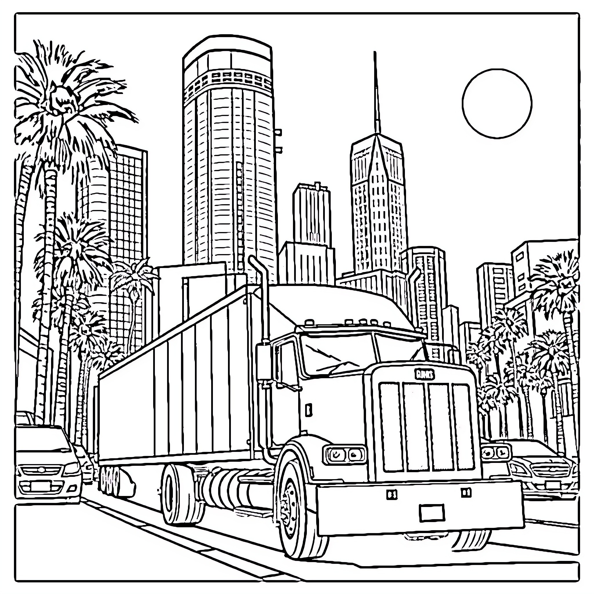 Semi Truck in Urban Cityscape with Skyscrapers Coloring Page (free black-and-white line drawing printable PDF for all, from beginners to advanced learners, including children, teens, adults, and seniors)