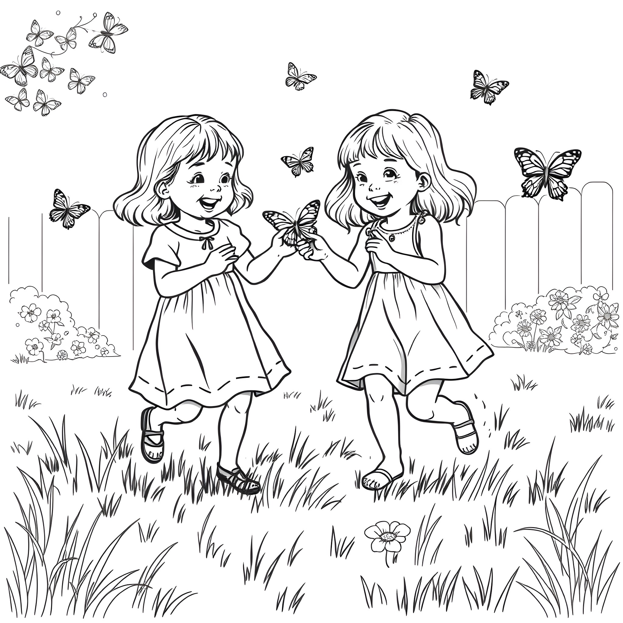 Daughter Enjoying the Outdoors with Butterflies Coloring Page (free black-and-white line drawing printable PDF for all, from beginners to advanced learners, including children, teens, adults, and seniors)