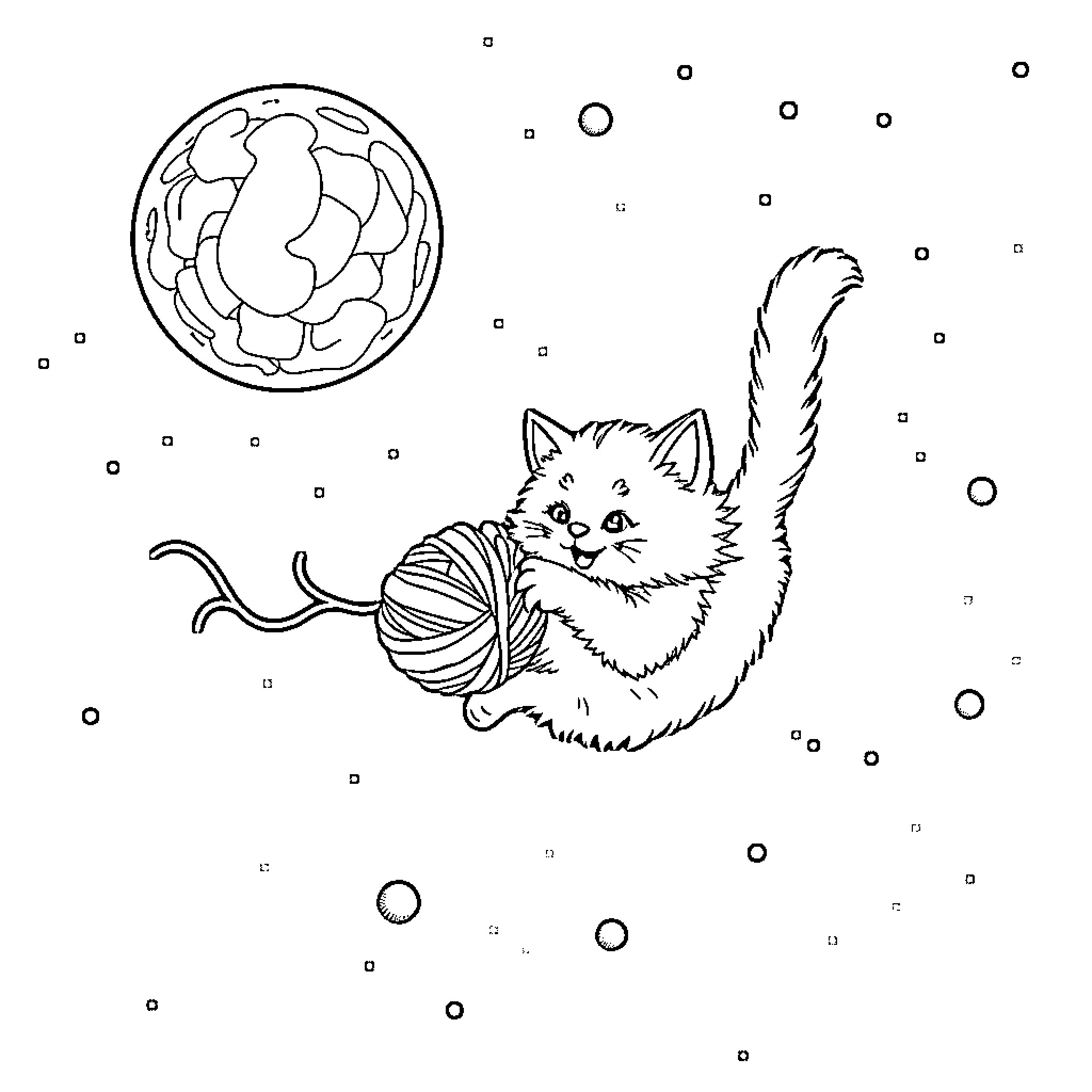 Cat playing with yarn under the moon Coloring Page (free black-and-white line drawing printable PDF for all, from beginners to advanced learners, including children, teens, adults, and seniors)