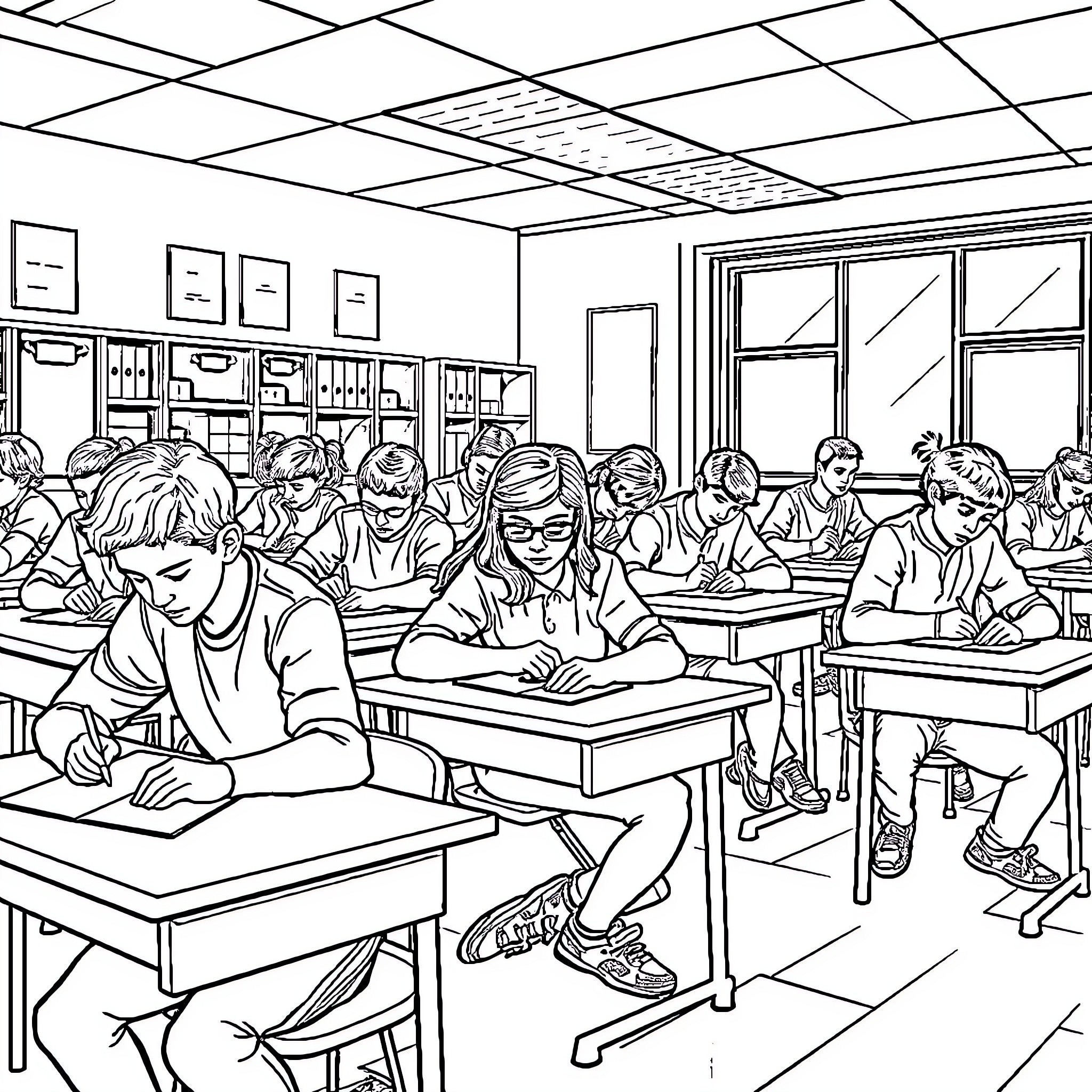 Student studying diligently in a crowded classroom Coloring Page (free black-and-white line drawing printable PDF for all, from beginners to advanced learners, including children, teens, adults, and seniors)
