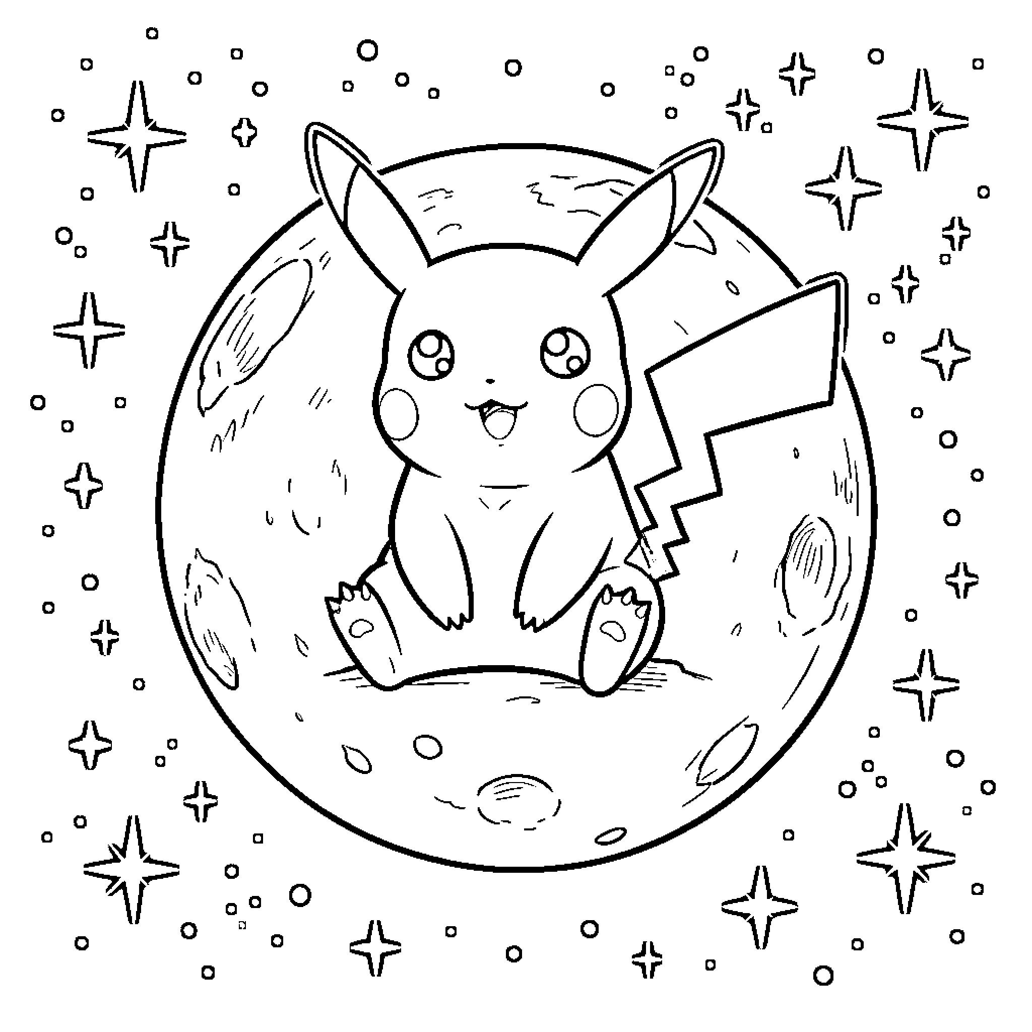 Pikachu exploring the cosmic landscape Coloring Page (free black-and-white line drawing printable PDF for all, from beginners to advanced learners, including children, teens, adults, and seniors)