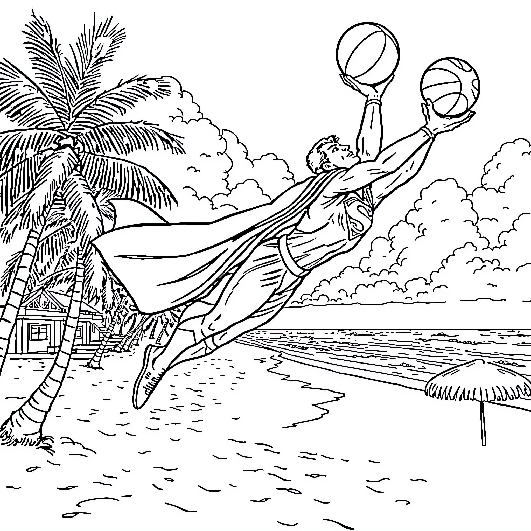 Superman soaring over tropical beach with basketball Coloring Page (free black-and-white line drawing printable PDF for all, from beginners to advanced learners, including children, teens, adults, and seniors)