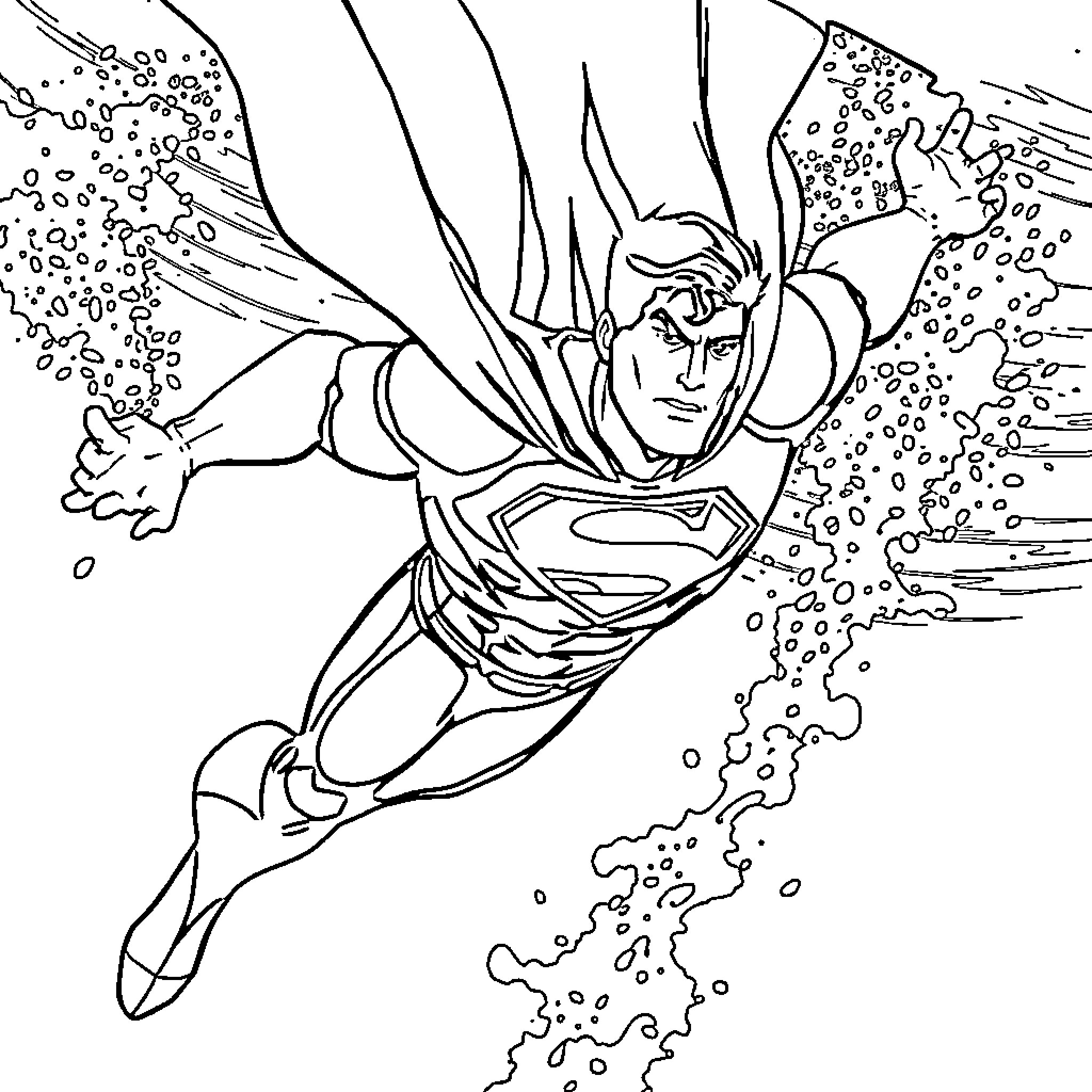Superman flying through the air with determination Coloring Page (free black-and-white line drawing printable PDF for all, from beginners to advanced learners, including children, teens, adults, and seniors)