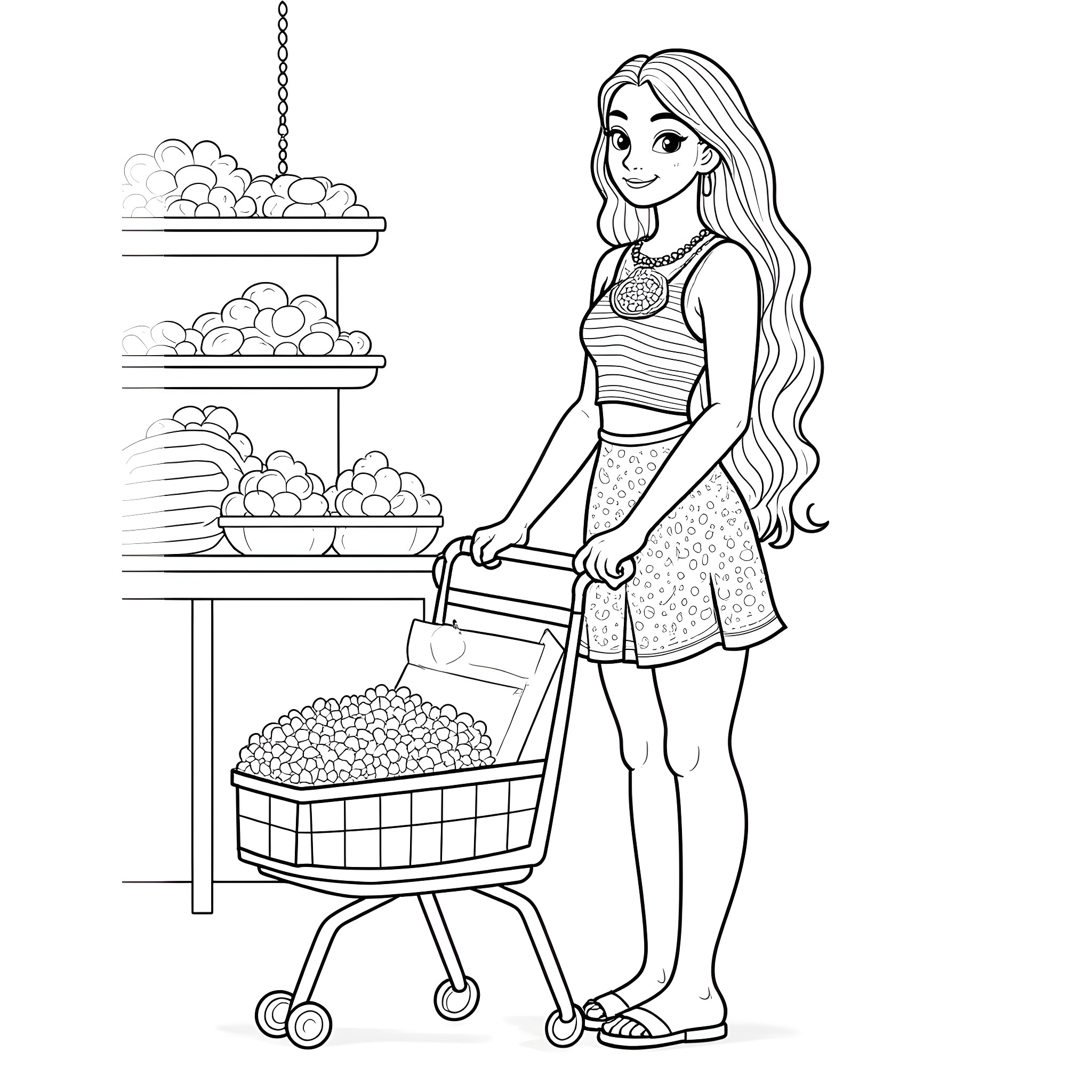 Moana shopping at the market Coloring Page (free black-and-white line drawing printable PDF for all, from beginners to advanced learners, including children, teens, adults, and seniors)