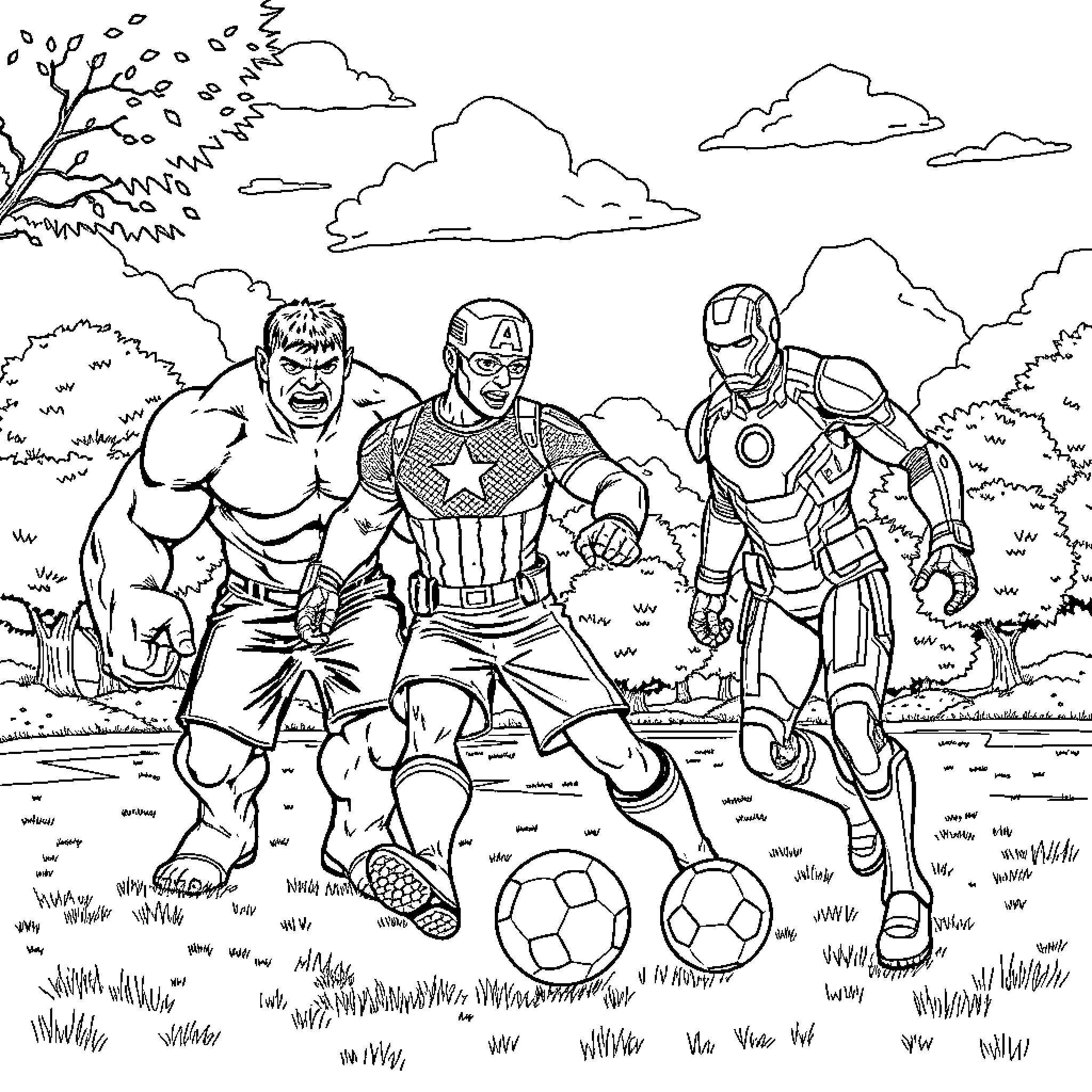 Superheroes playing soccer in the park Coloring Page (free black-and-white line drawing printable PDF for all, from beginners to advanced learners, including children, teens, adults, and seniors)