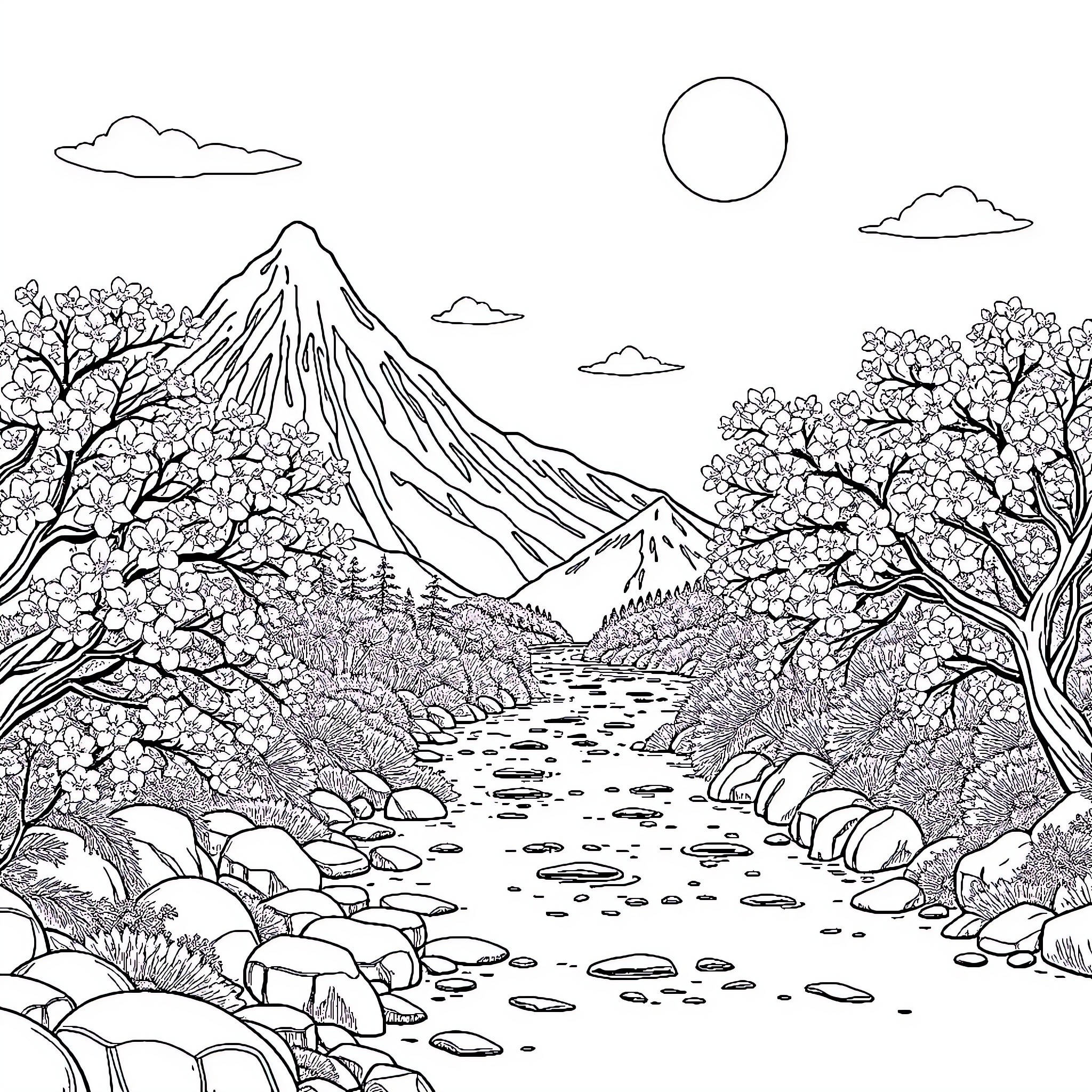 Nature's Serene Landscape with Mountain and Flowing River Coloring Page (free black-and-white line drawing printable PDF for all, from beginners to advanced learners, including children, teens, adults, and seniors)