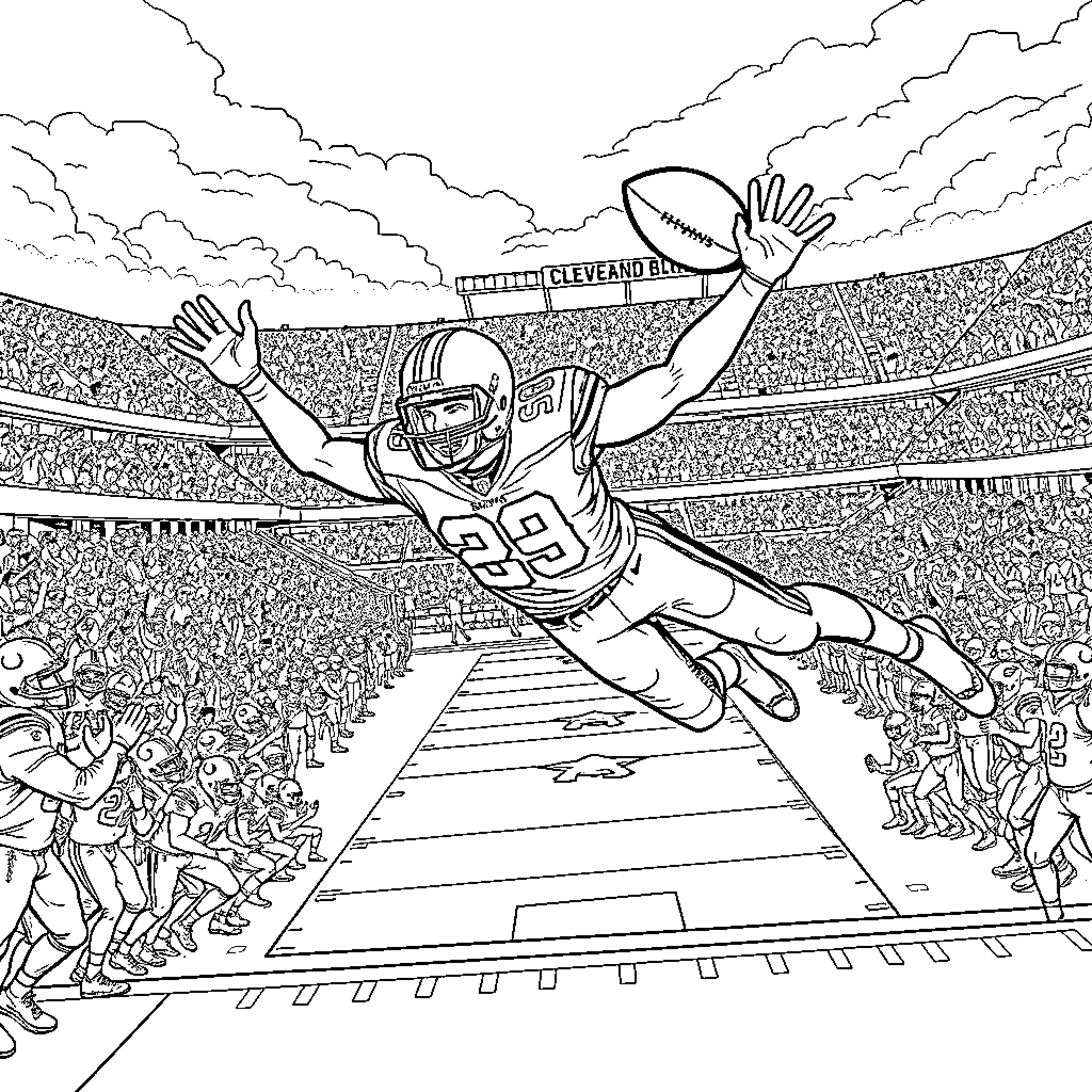Football player makes a touchdown in a packed stadium Coloring Page (free black-and-white line drawing printable PDF for all, from beginners to advanced learners, including children, teens, adults, and seniors)