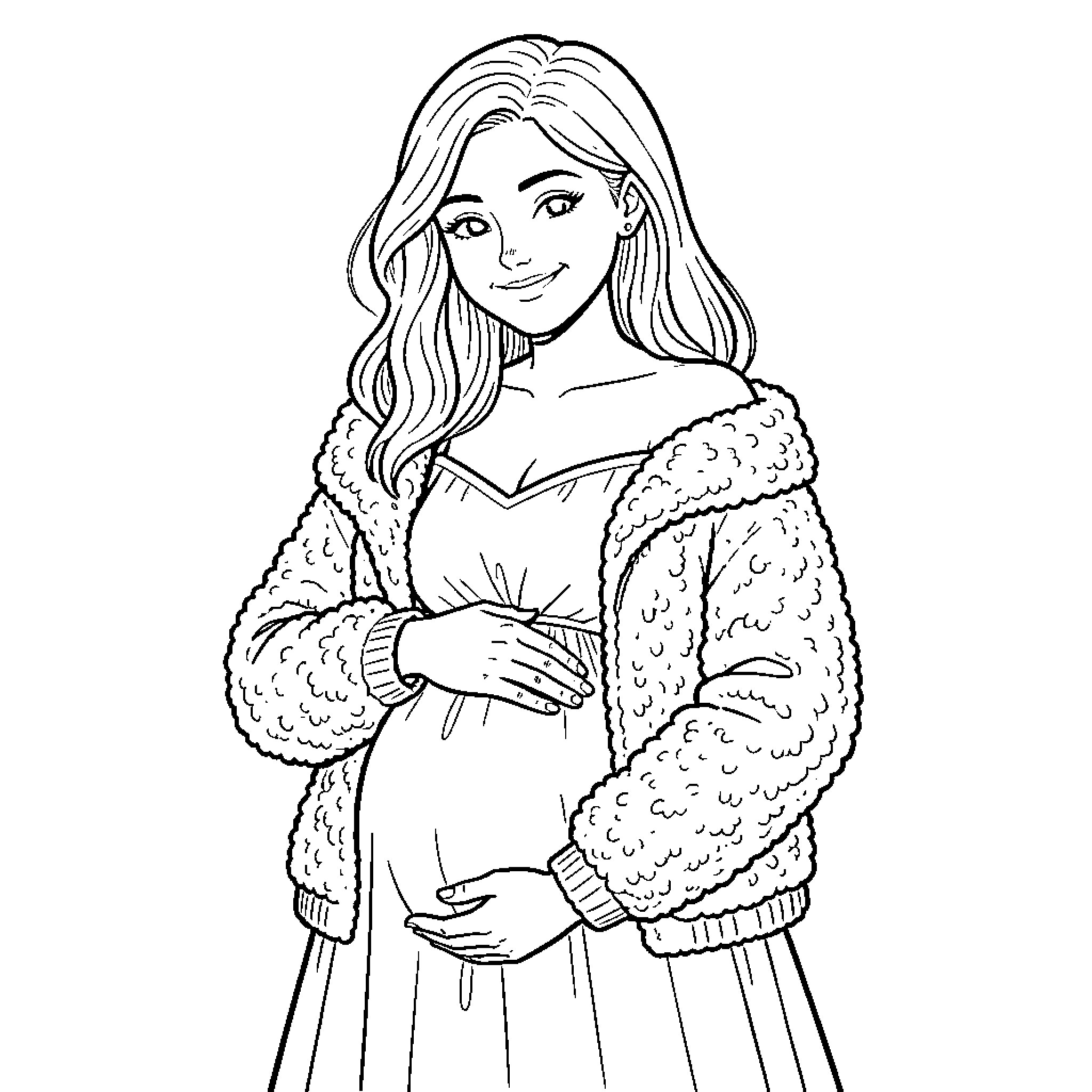 Woman in Cozy Knitted Sweater Coloring Page (free black-and-white line drawing printable PDF for all, from beginners to advanced learners, including children, teens, adults, and seniors)