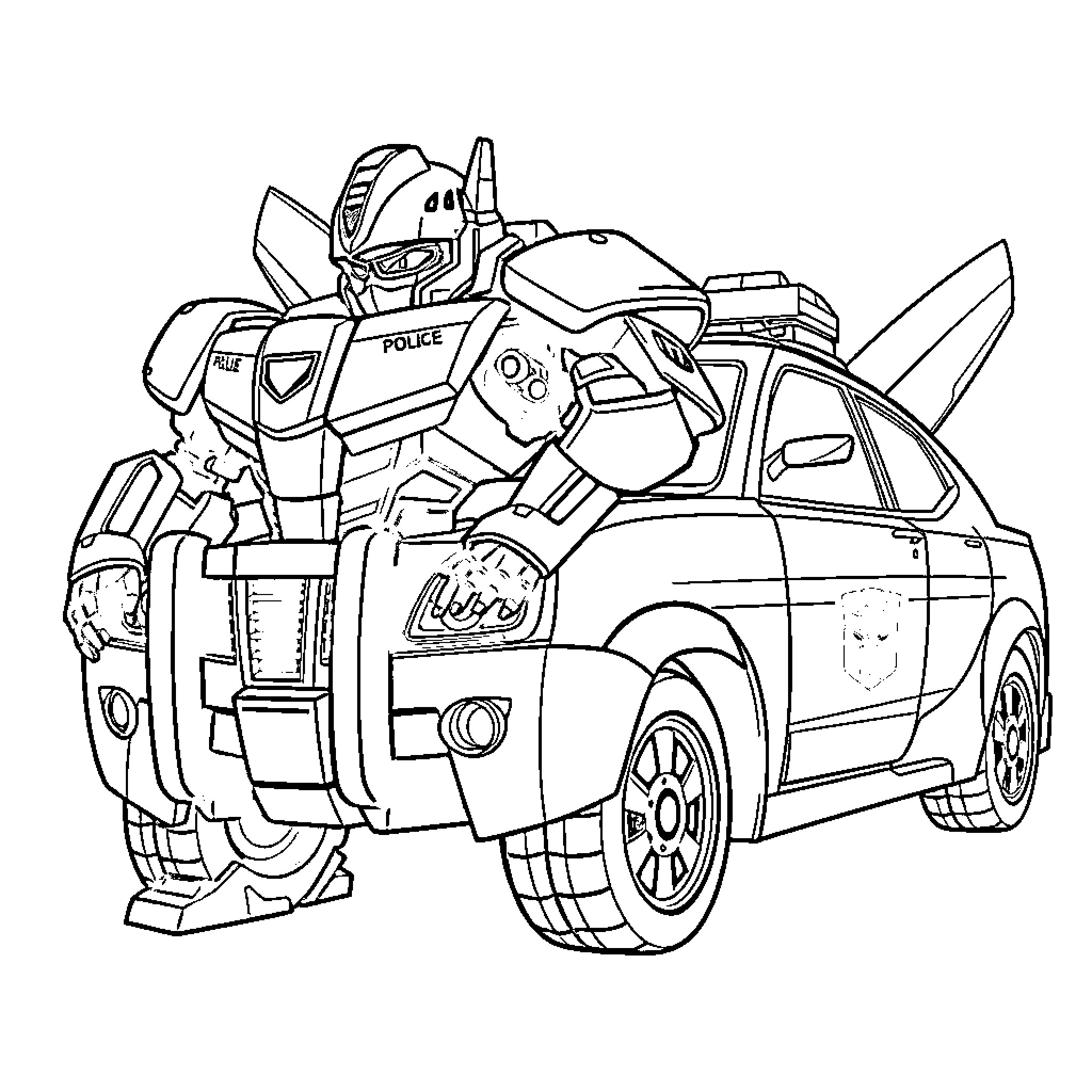 Bumble Bee transforms from police car Coloring Page (free black-and-white line drawing printable PDF for all, from beginners to advanced learners, including children, teens, adults, and seniors)