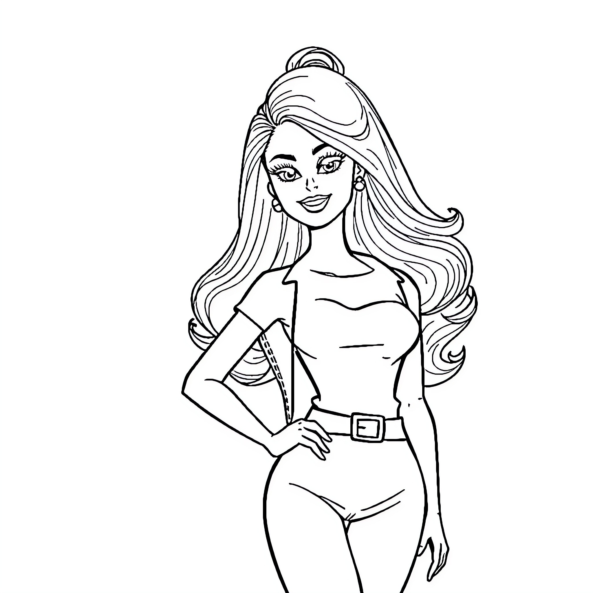 Barbie in a Stylish Outfit Coloring Page (free black-and-white line drawing printable PDF for all, from beginners to advanced learners, including children, teens, adults, and seniors)