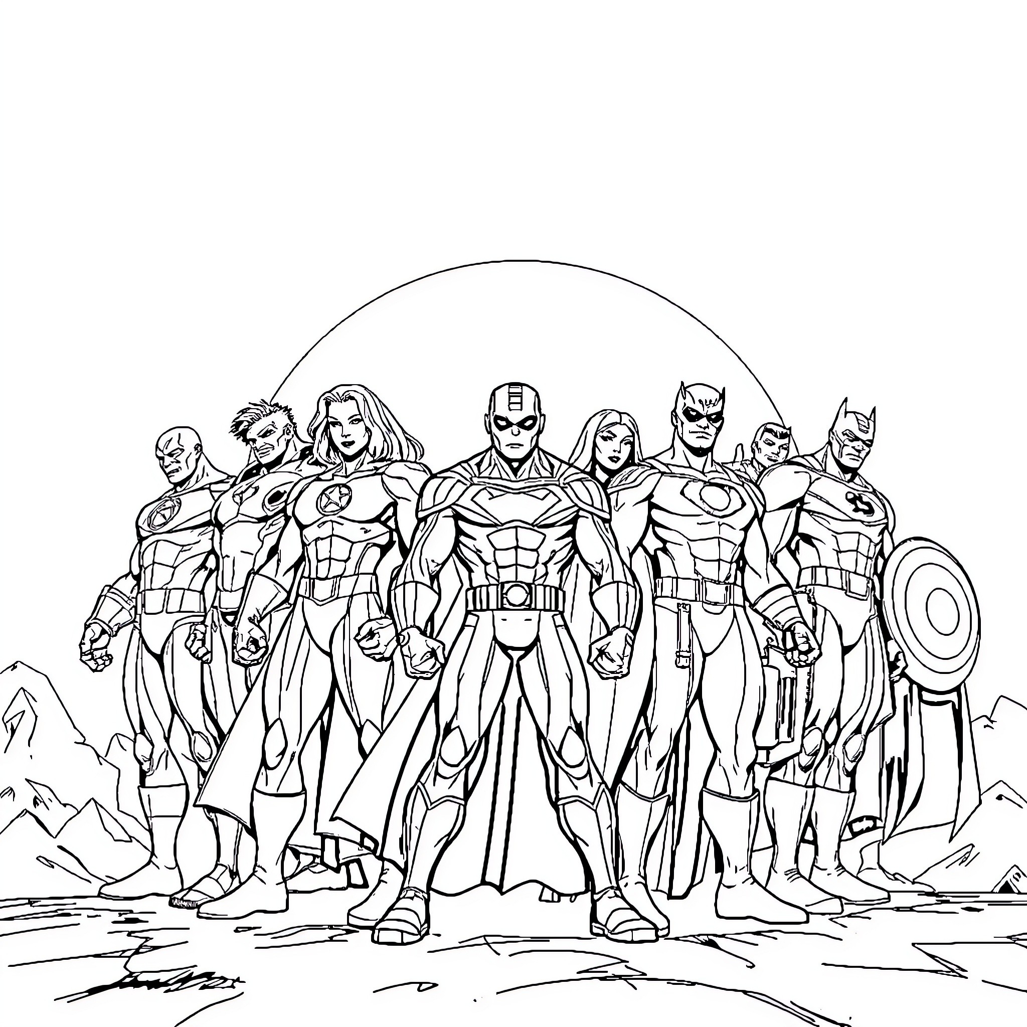 Marvel Heroes Assemble for an Epic Adventure Coloring Page (free black-and-white line drawing printable PDF for all, from beginners to advanced learners, including children, teens, adults, and seniors)