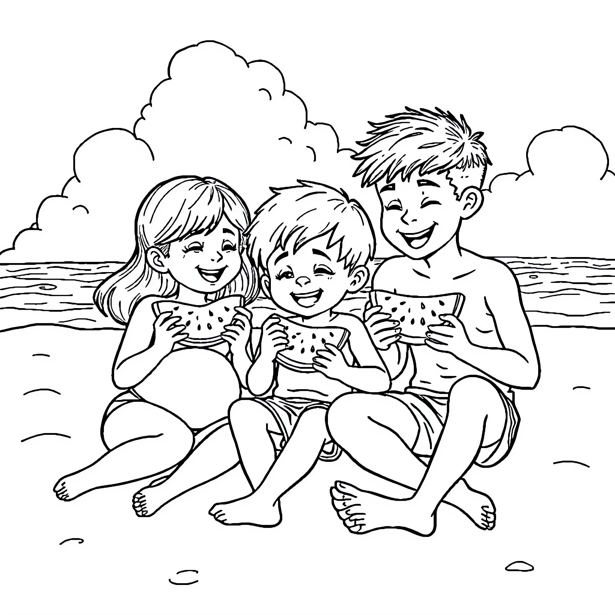 Belly Fun at the Beach Coloring Page (free black-and-white line drawing printable PDF for all, from beginners to advanced learners, including children, teens, adults, and seniors)