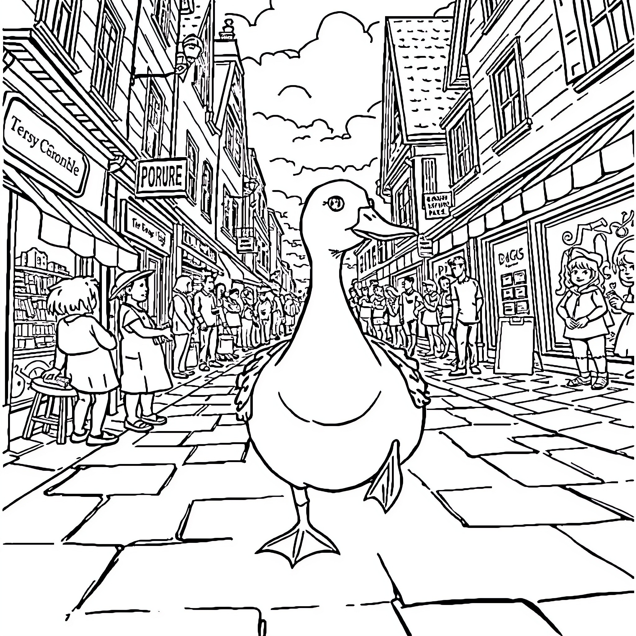 Duck exploring a bustling city street Coloring Page (free black-and-white line drawing printable PDF for all, from beginners to advanced learners, including children, teens, adults, and seniors)