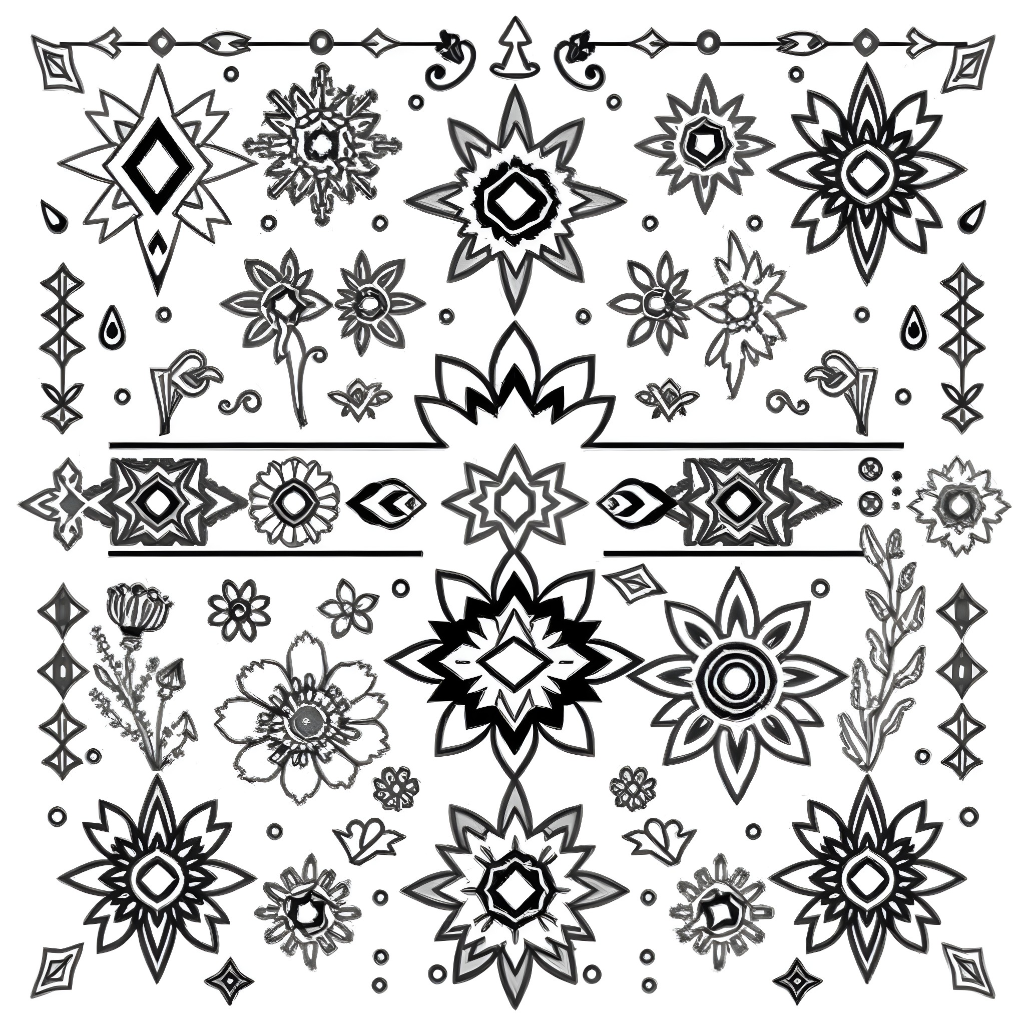 Southwestern Pattern of Geometric Floral Designs Coloring Page (free black-and-white line drawing printable PDF for all, from beginners to advanced learners, including children, teens, adults, and seniors)