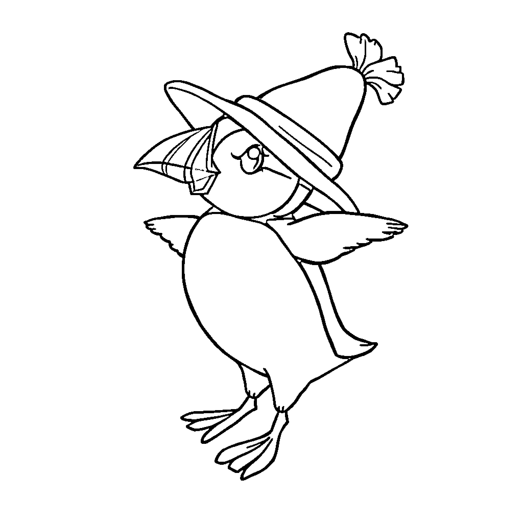Moussy bird in whimsical hat Coloring Page (free black-and-white line drawing printable PDF for all, from beginners to advanced learners, including children, teens, adults, and seniors)