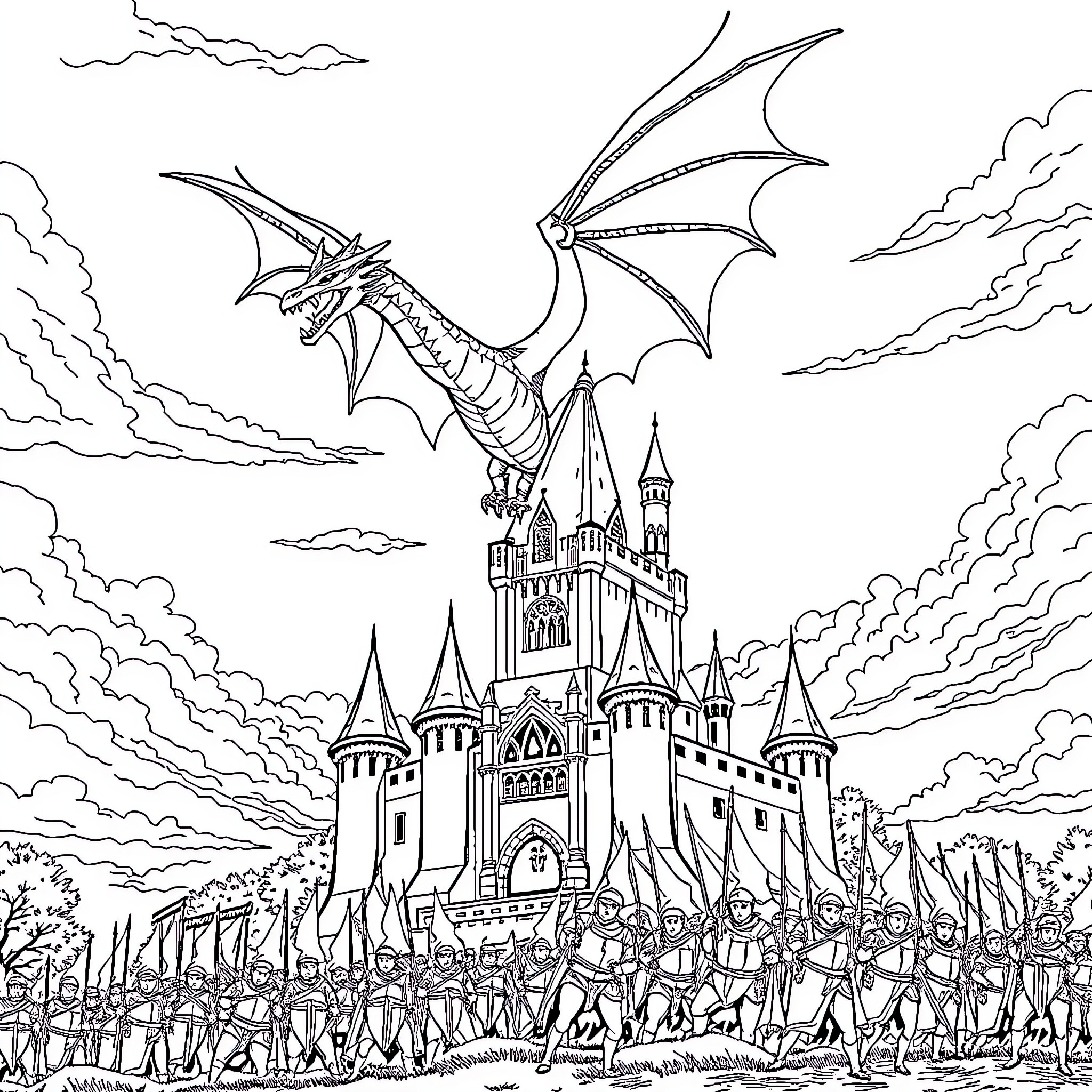 Dragon unleashing fury over medieval castle and army Coloring Page (free black-and-white line drawing printable PDF for all, from beginners to advanced learners, including children, teens, adults, and seniors)