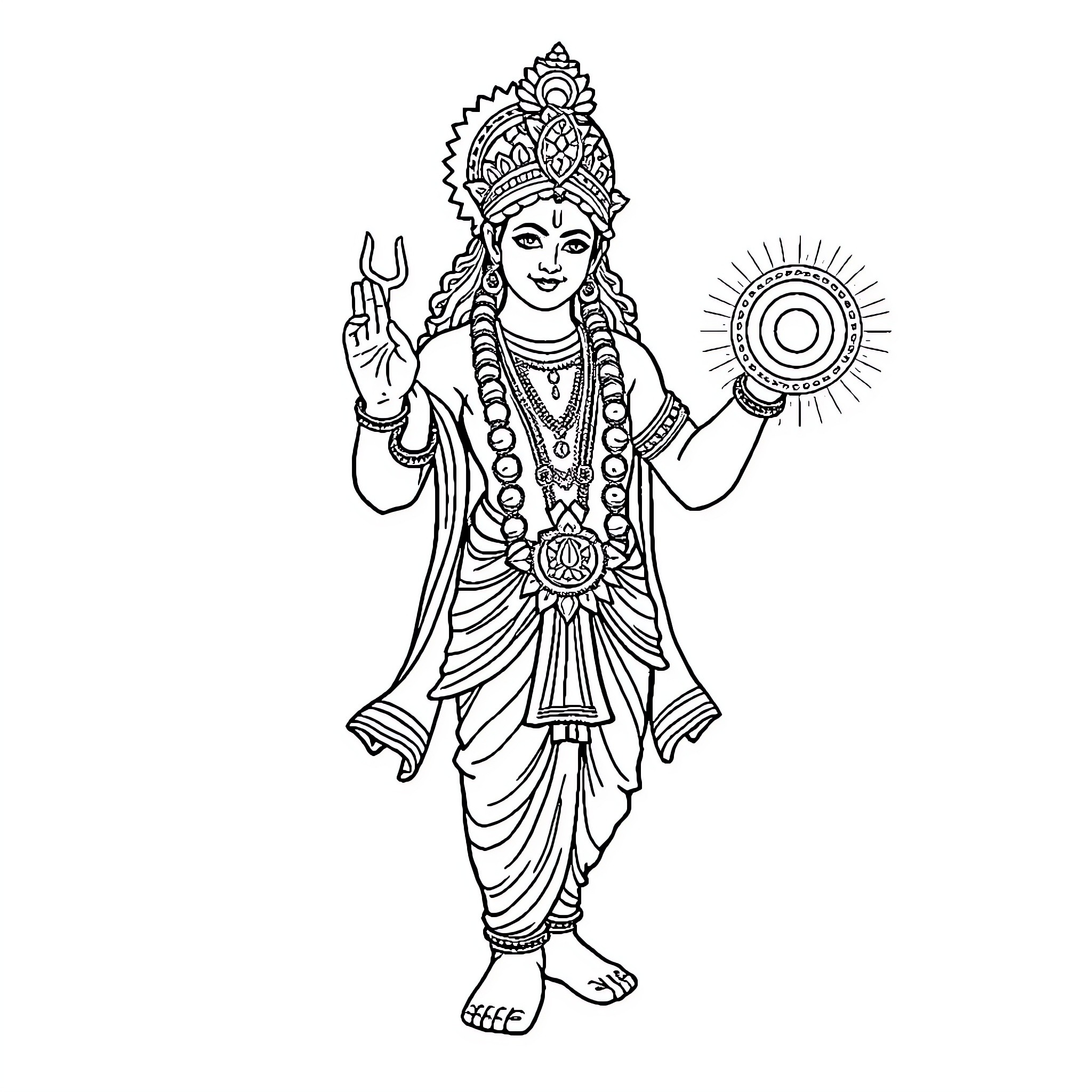 Krishna depicted in traditional attire and pose Coloring Page (free black-and-white line drawing printable PDF for all, from beginners to advanced learners, including children, teens, adults, and seniors)