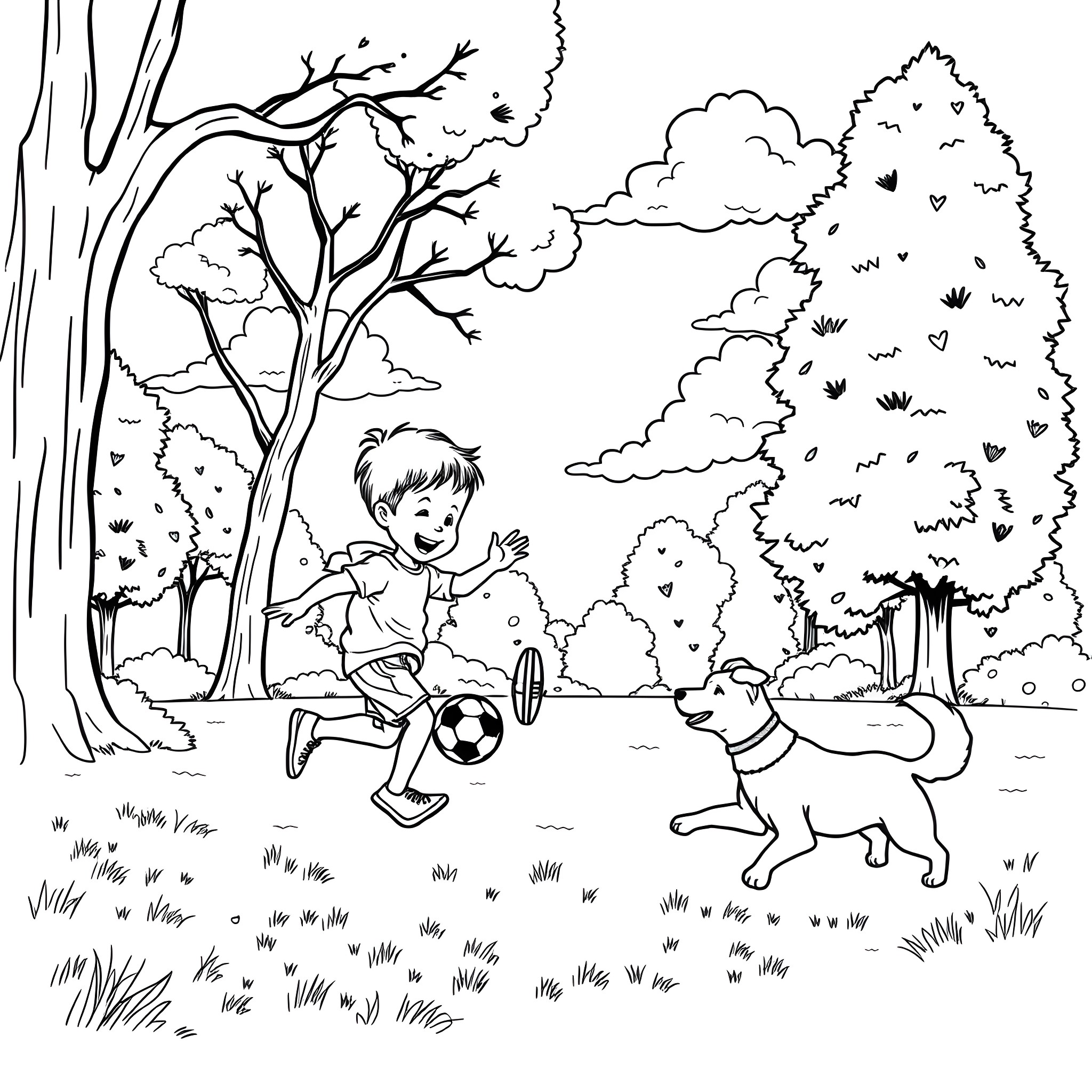 Boy playing soccer with his dog in the park Coloring Page (free black-and-white line drawing printable PDF for all, from beginners to advanced learners, including children, teens, adults, and seniors)