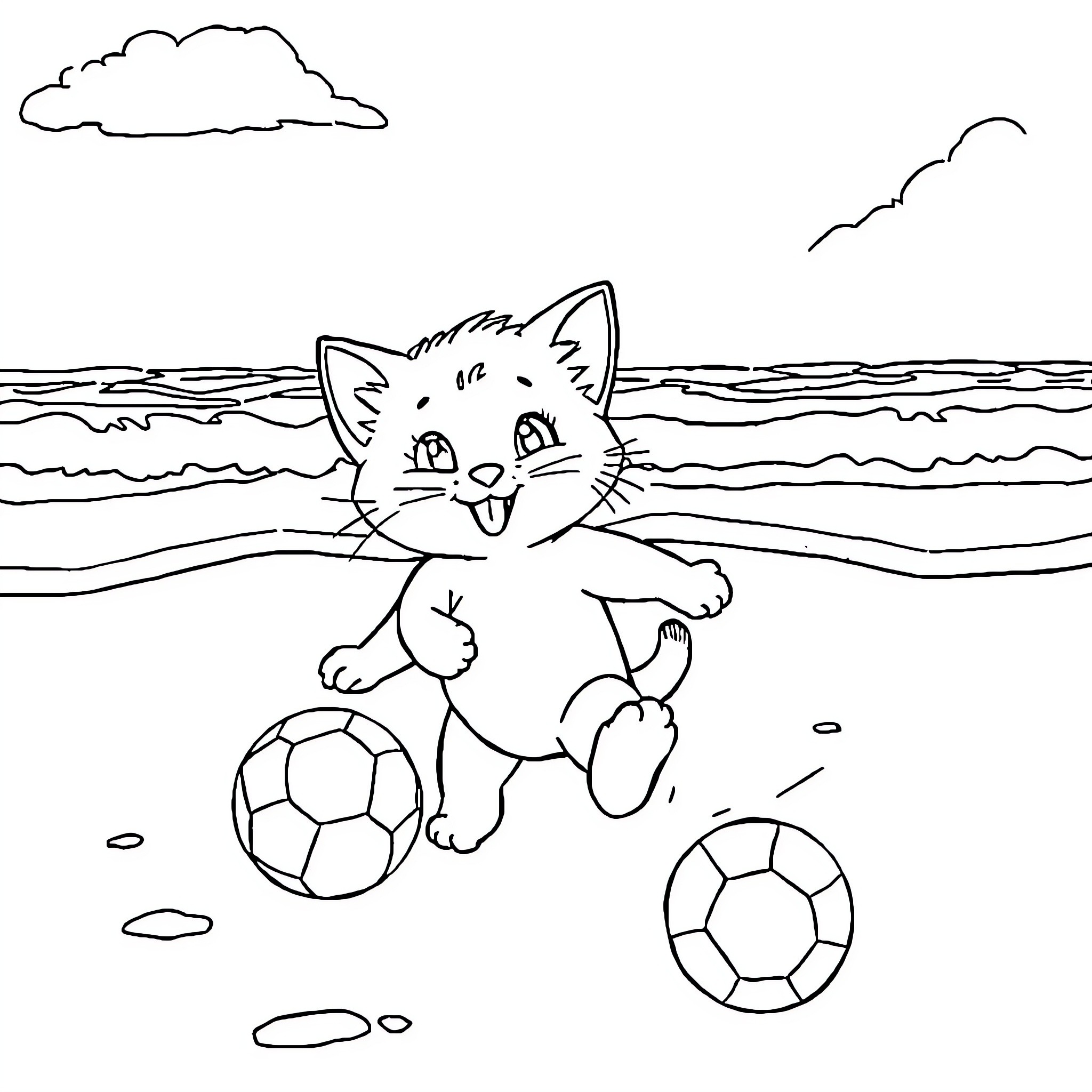 Cat playing with soccer balls on the beach Coloring Page (free black-and-white line drawing printable PDF for all, from beginners to advanced learners, including children, teens, adults, and seniors)
