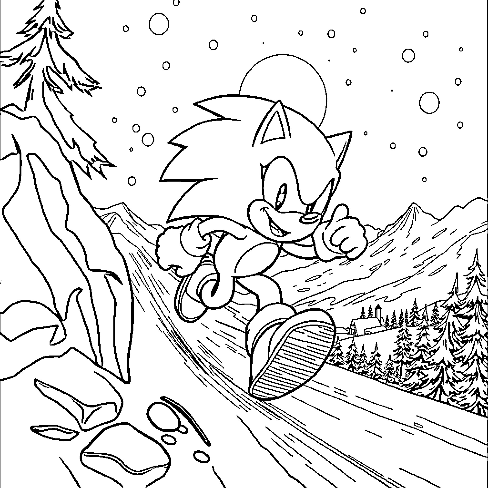Sonic speeding through snowy mountain landscape Coloring Page (free black-and-white line drawing printable PDF for all, from beginners to advanced learners, including children, teens, adults, and seniors)