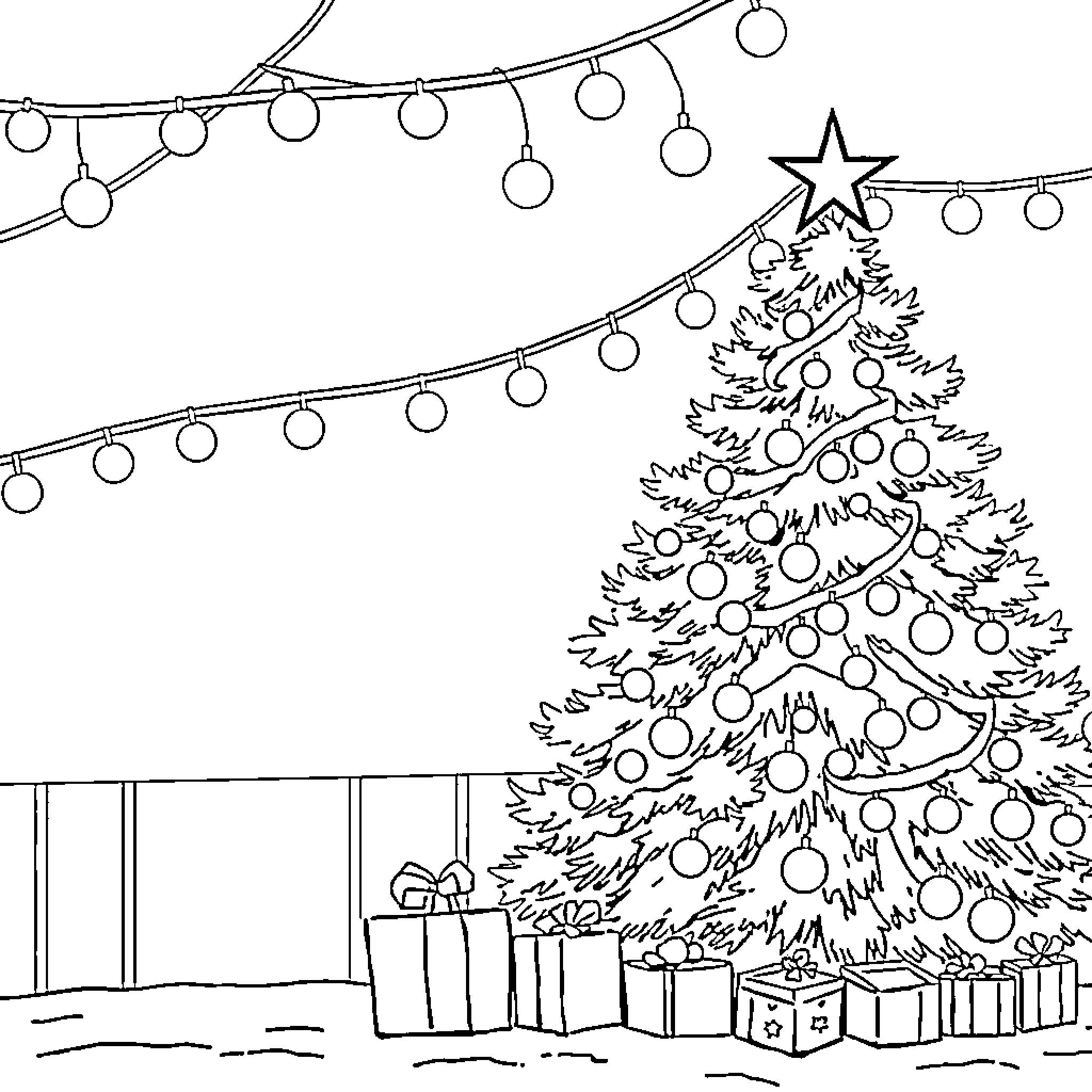 Christmas festive scene with decorated tree and presents Coloring Page (free black-and-white line drawing printable PDF for all, from beginners to advanced learners, including children, teens, adults, and seniors)