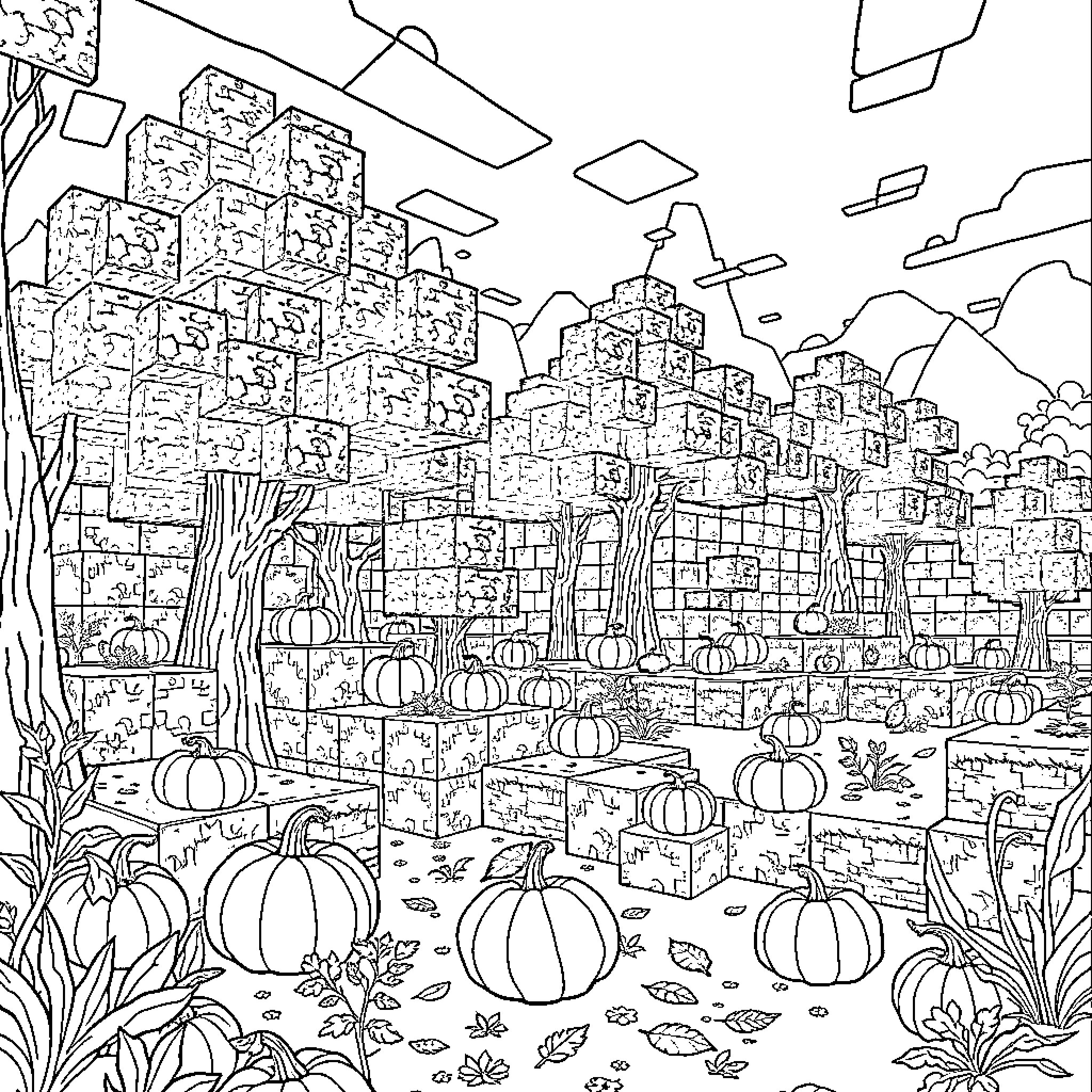 Minecraft Pumpkin Patch in Autumn Landscape Coloring Page (free black-and-white line drawing printable PDF for all, from beginners to advanced learners, including children, teens, adults, and seniors)