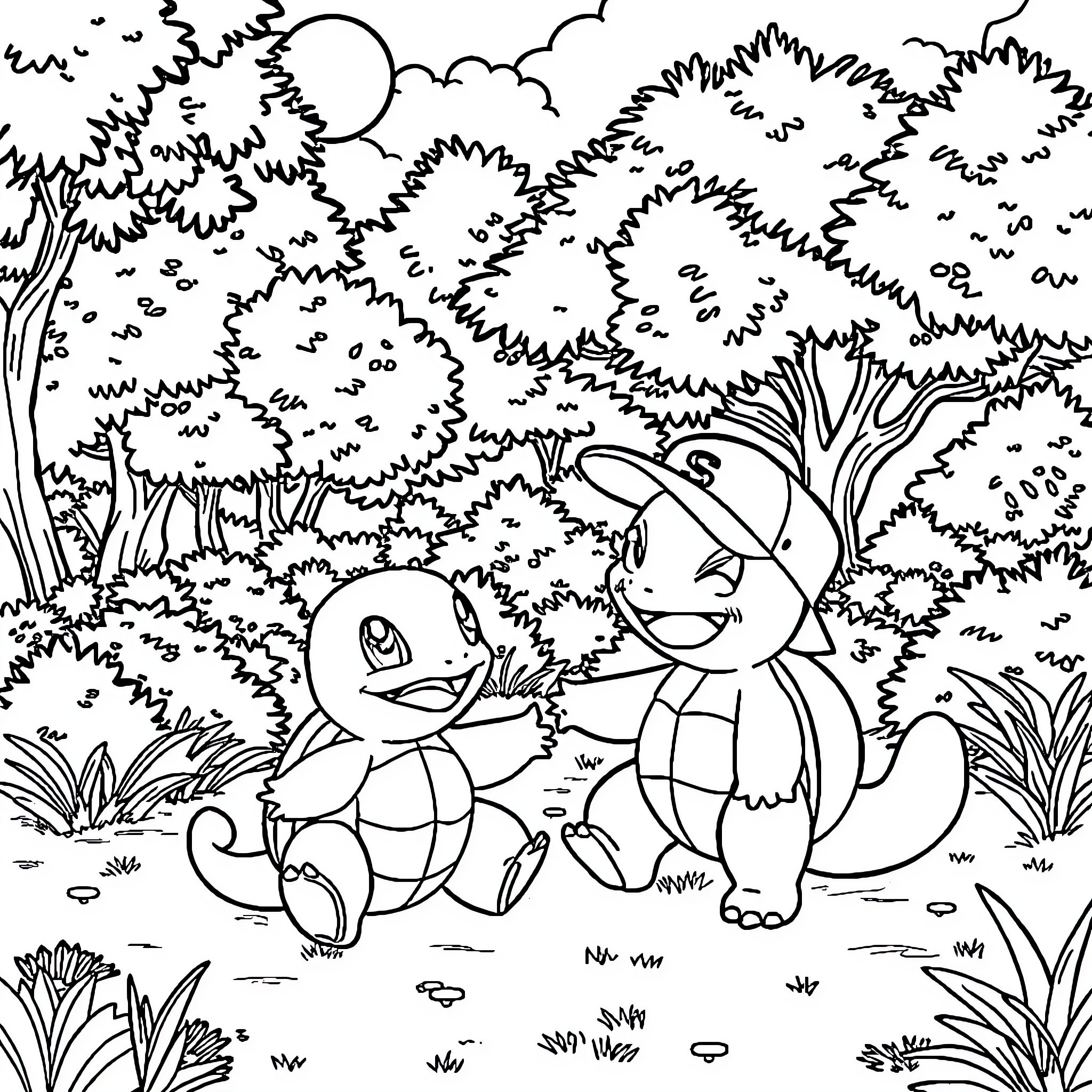Squirtle playing in the forest Coloring Page (free black-and-white line drawing printable PDF for all, from beginners to advanced learners, including children, teens, adults, and seniors)