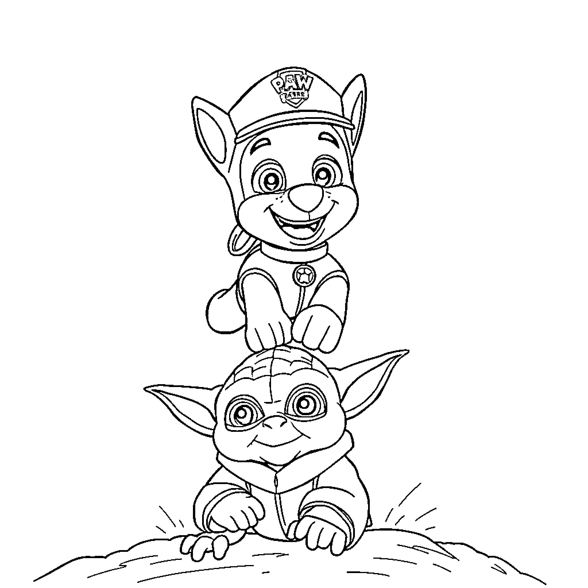 Chase of the Paw Patrol Characters Coloring Page (free black-and-white line drawing printable PDF for all, from beginners to advanced learners, including children, teens, adults, and seniors)