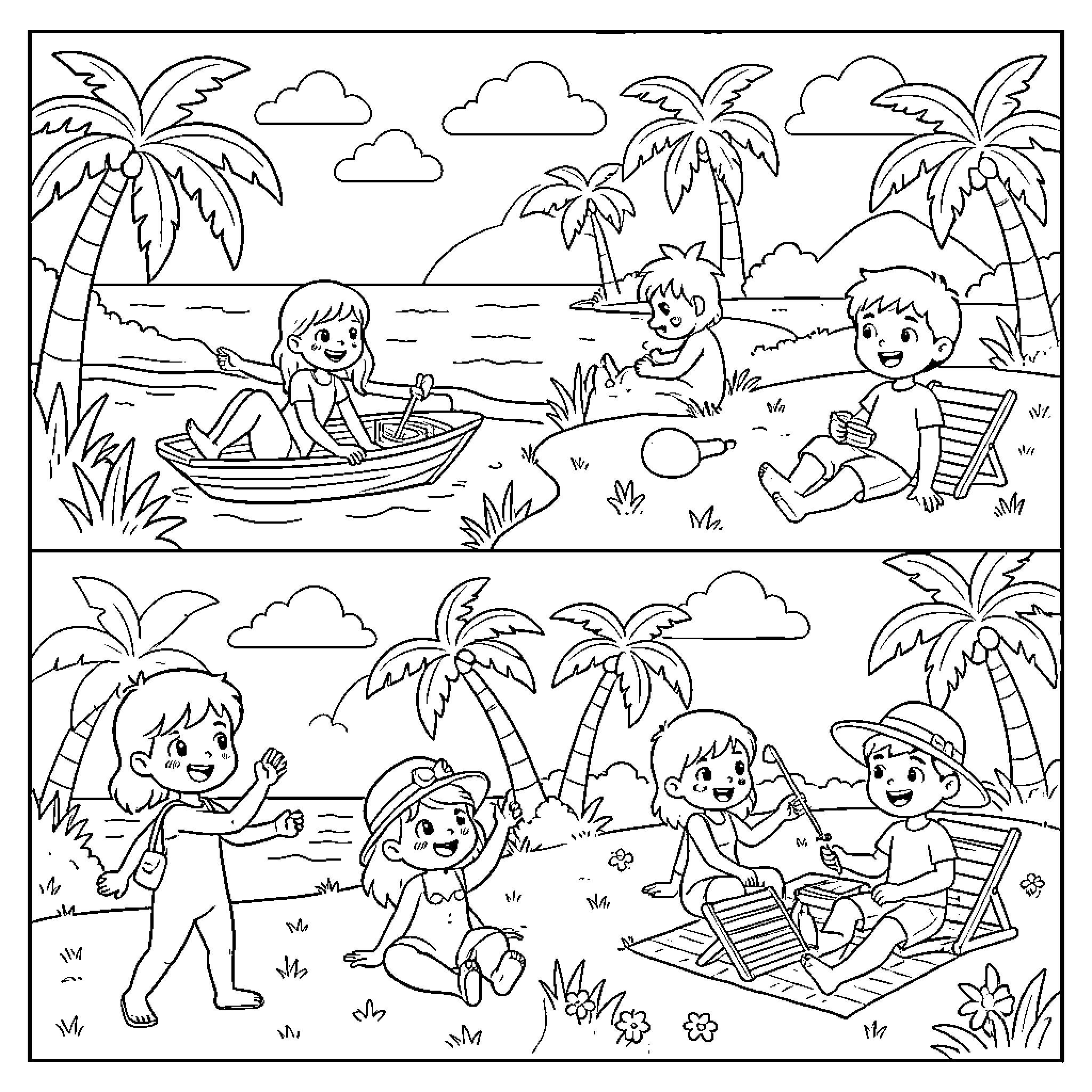 Summer fun on the beach with family Coloring Page (free black-and-white line drawing printable PDF for all, from beginners to advanced learners, including children, teens, adults, and seniors)