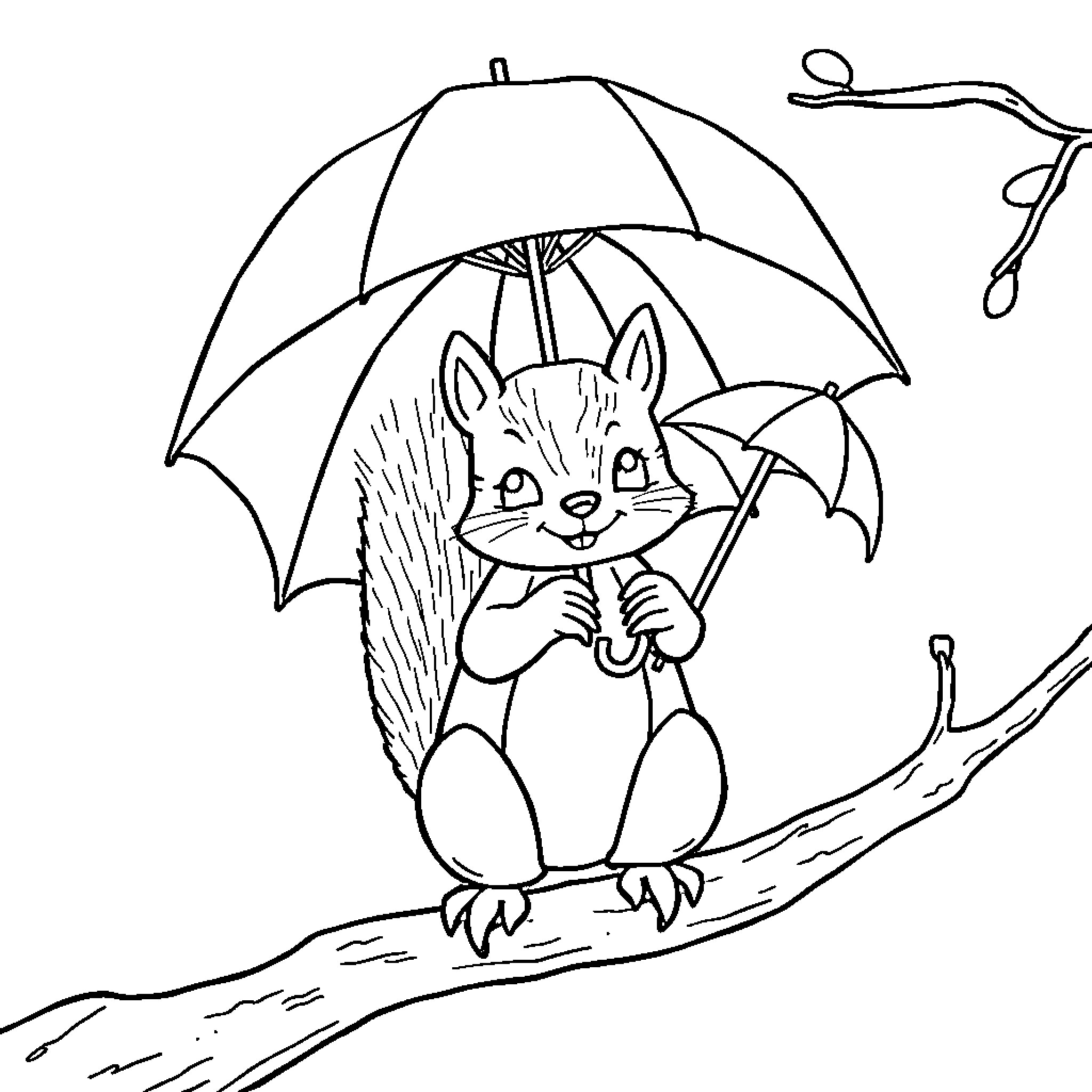 Squirrel sheltering under umbrella in rainy weather Coloring Page (free black-and-white line drawing printable PDF for all, from beginners to advanced learners, including children, teens, adults, and seniors)