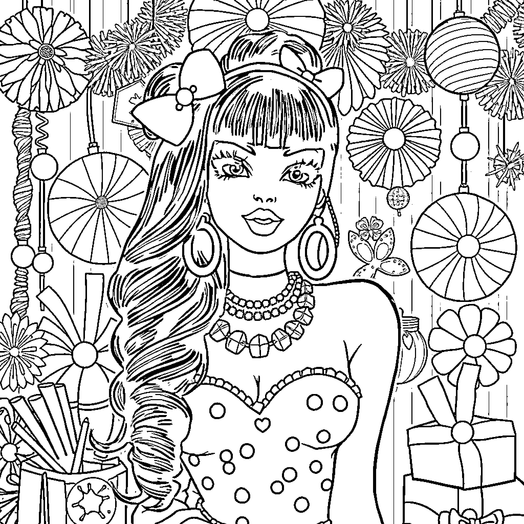 Charli XCX surrounded by colorful floral designs Coloring Page (free black-and-white line drawing printable PDF for all, from beginners to advanced learners, including children, teens, adults, and seniors)