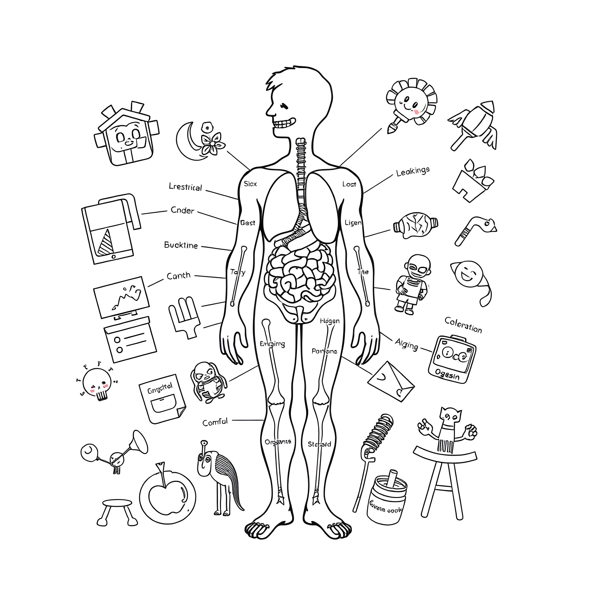 Body of Anatomical Figures and Symbols Coloring Page (free black-and-white line drawing printable PDF for all, from beginners to advanced learners, including children, teens, adults, and seniors)