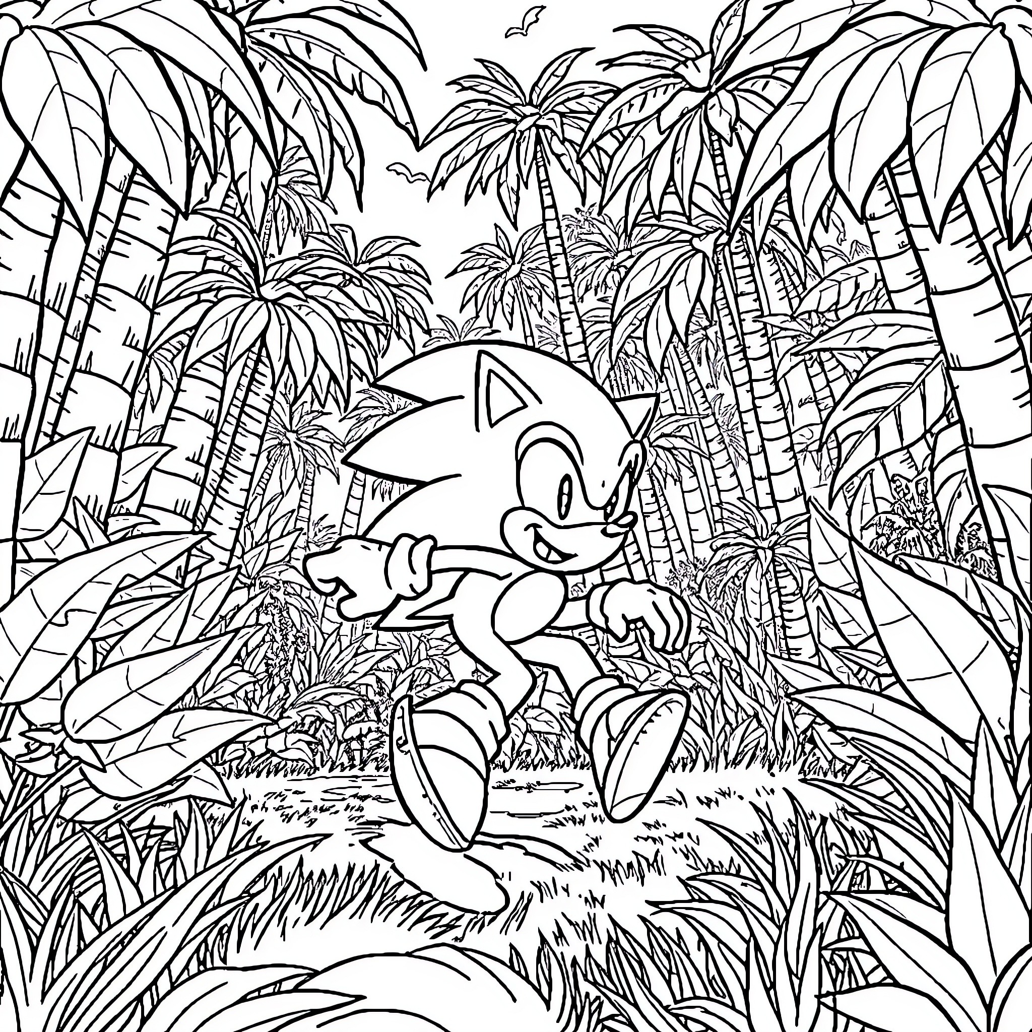 Sonic running through the lush tropical jungle Coloring Page (free black-and-white line drawing printable PDF for all, from beginners to advanced learners, including children, teens, adults, and seniors)