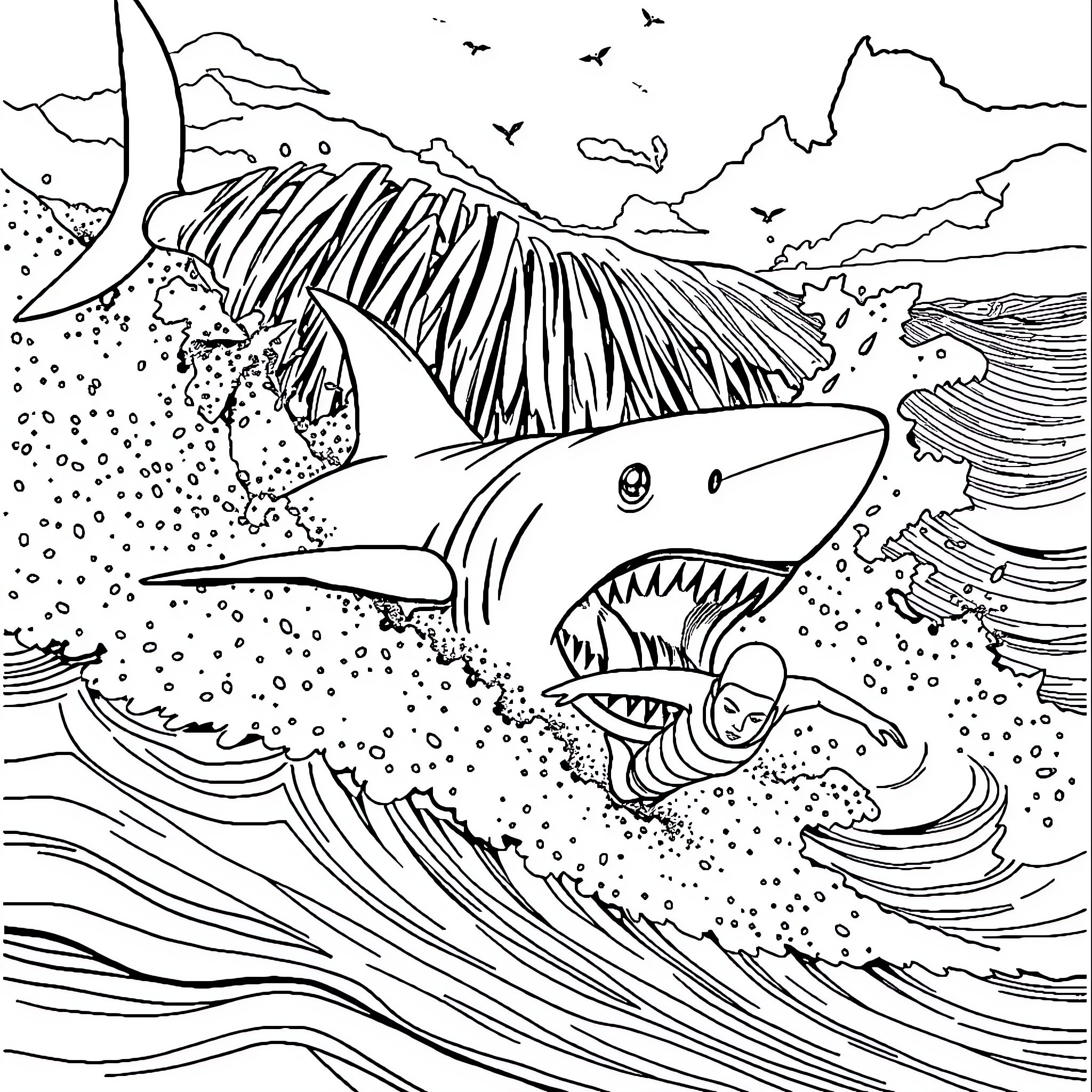 Shark attacking prey in the ocean Coloring Page (free black-and-white line drawing printable PDF for all, from beginners to advanced learners, including children, teens, adults, and seniors)