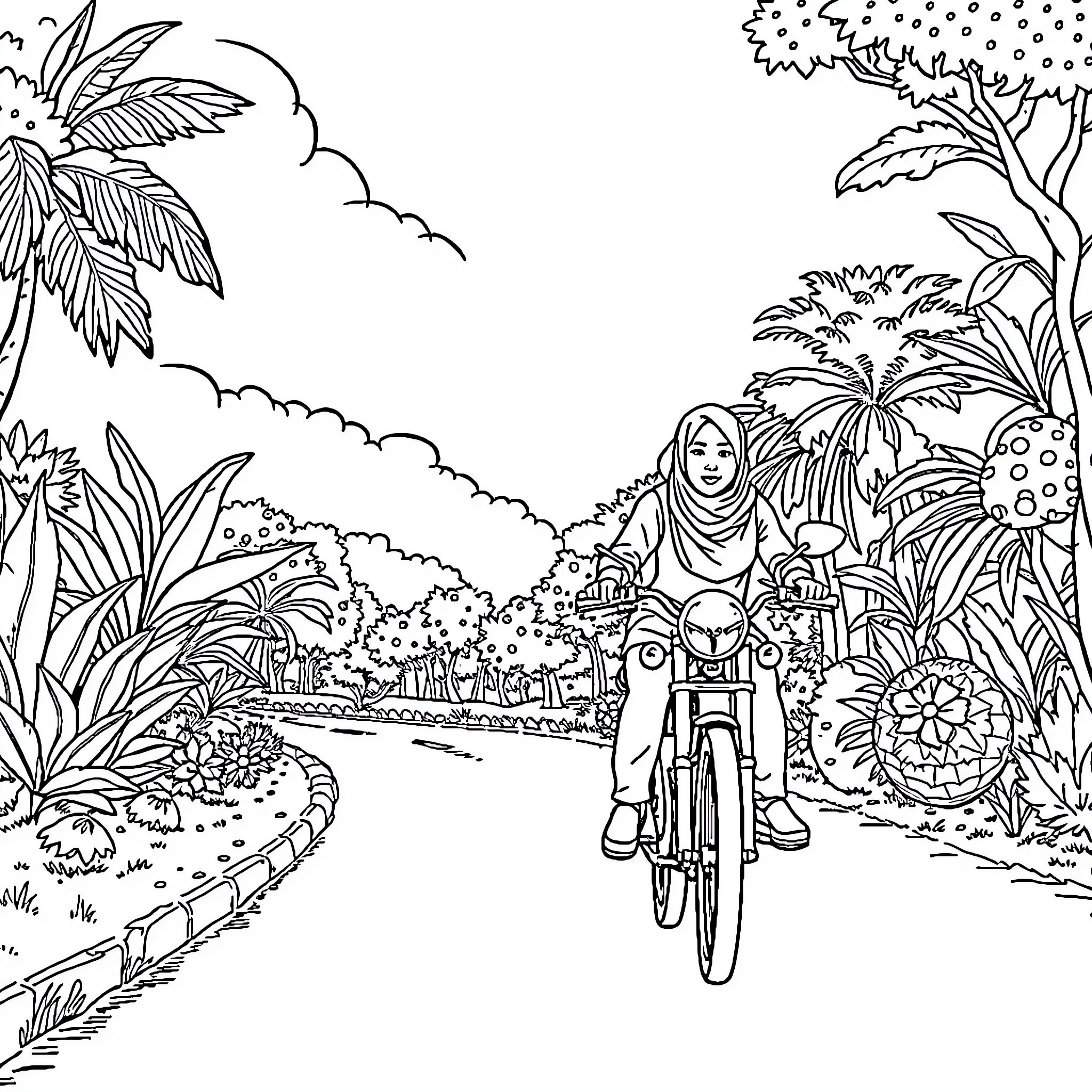 Bicycle ride through a tropical landscape Coloring Page (free black-and-white line drawing printable PDF for all, from beginners to advanced learners, including children, teens, adults, and seniors)