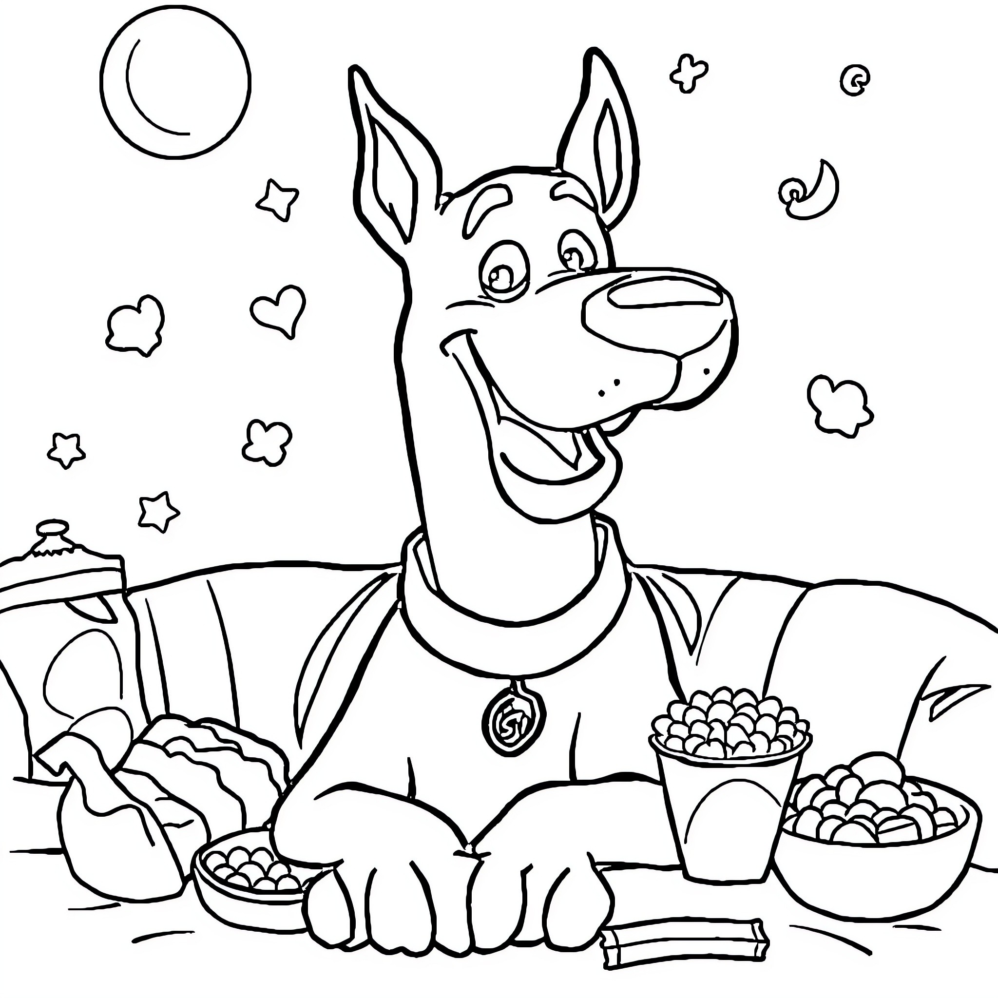 Scooby Doo enjoying a snack in the night Coloring Page (free black-and-white line drawing printable PDF for all, from beginners to advanced learners, including children, teens, adults, and seniors)