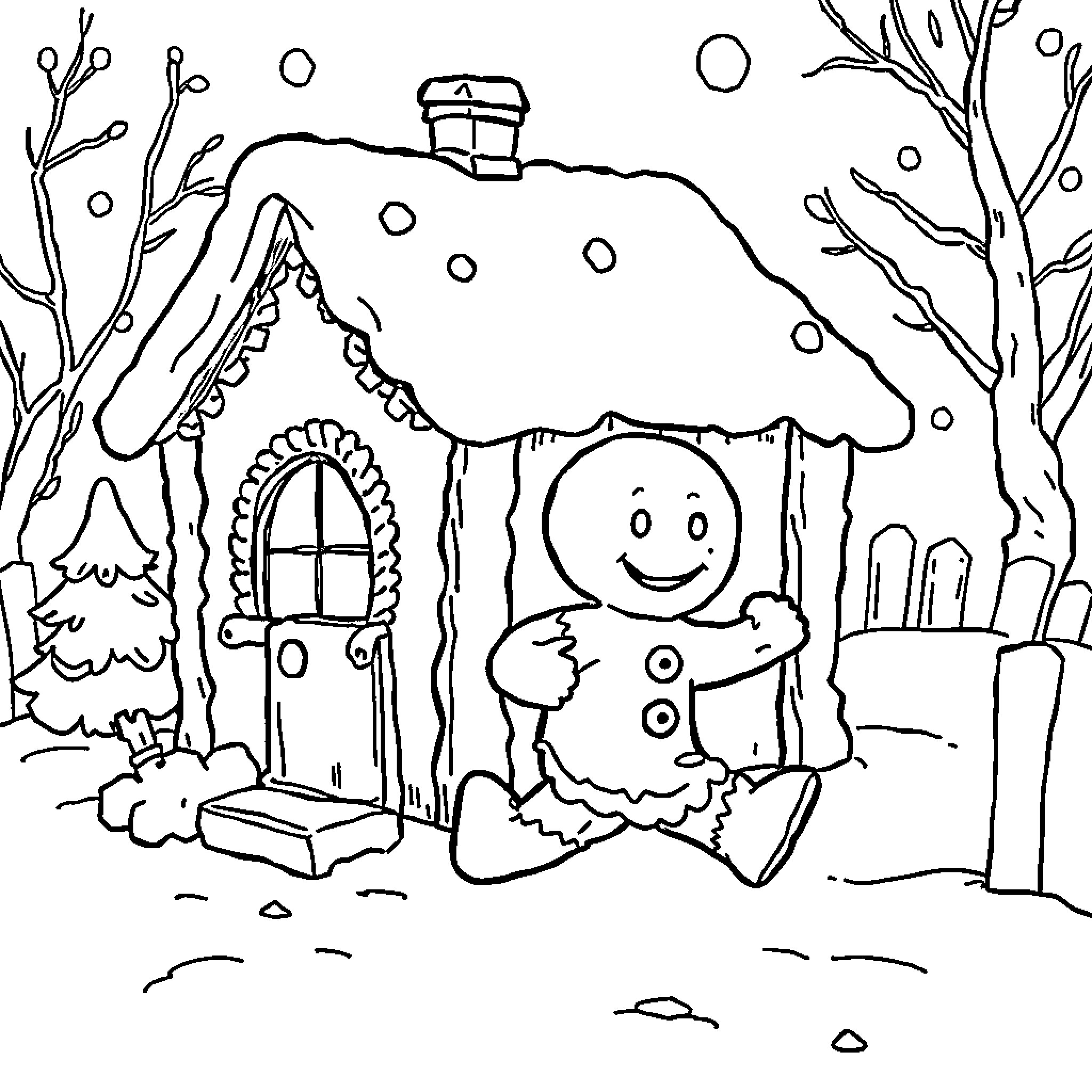 Gingerbread Man standing outside snowy gingerbread house Coloring Page (free black-and-white line drawing printable PDF for all, from beginners to advanced learners, including children, teens, adults, and seniors)