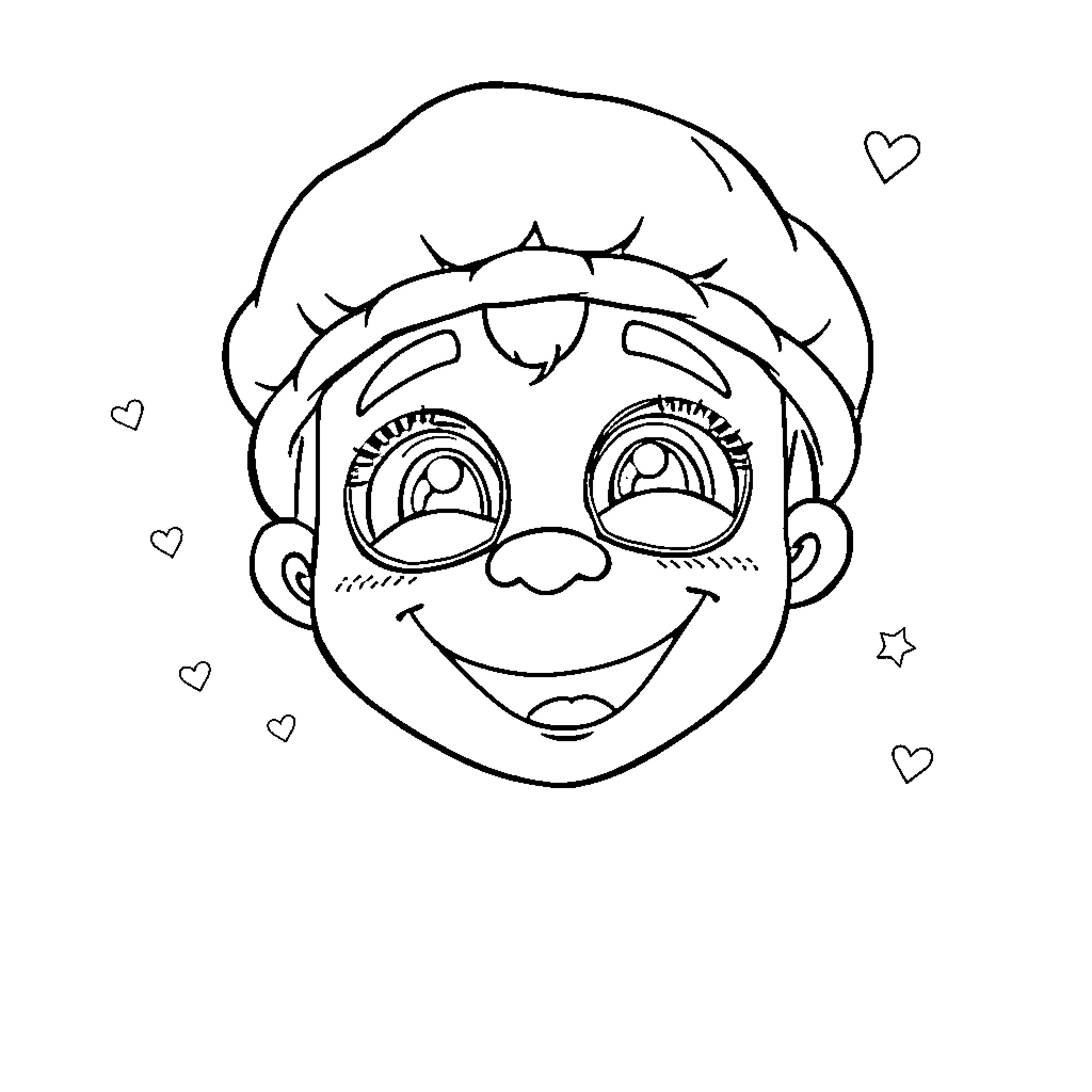 Surprise Child's Cheerful Face with Decorative Elements Coloring Page (free black-and-white line drawing printable PDF for all, from beginners to advanced learners, including children, teens, adults, and seniors)