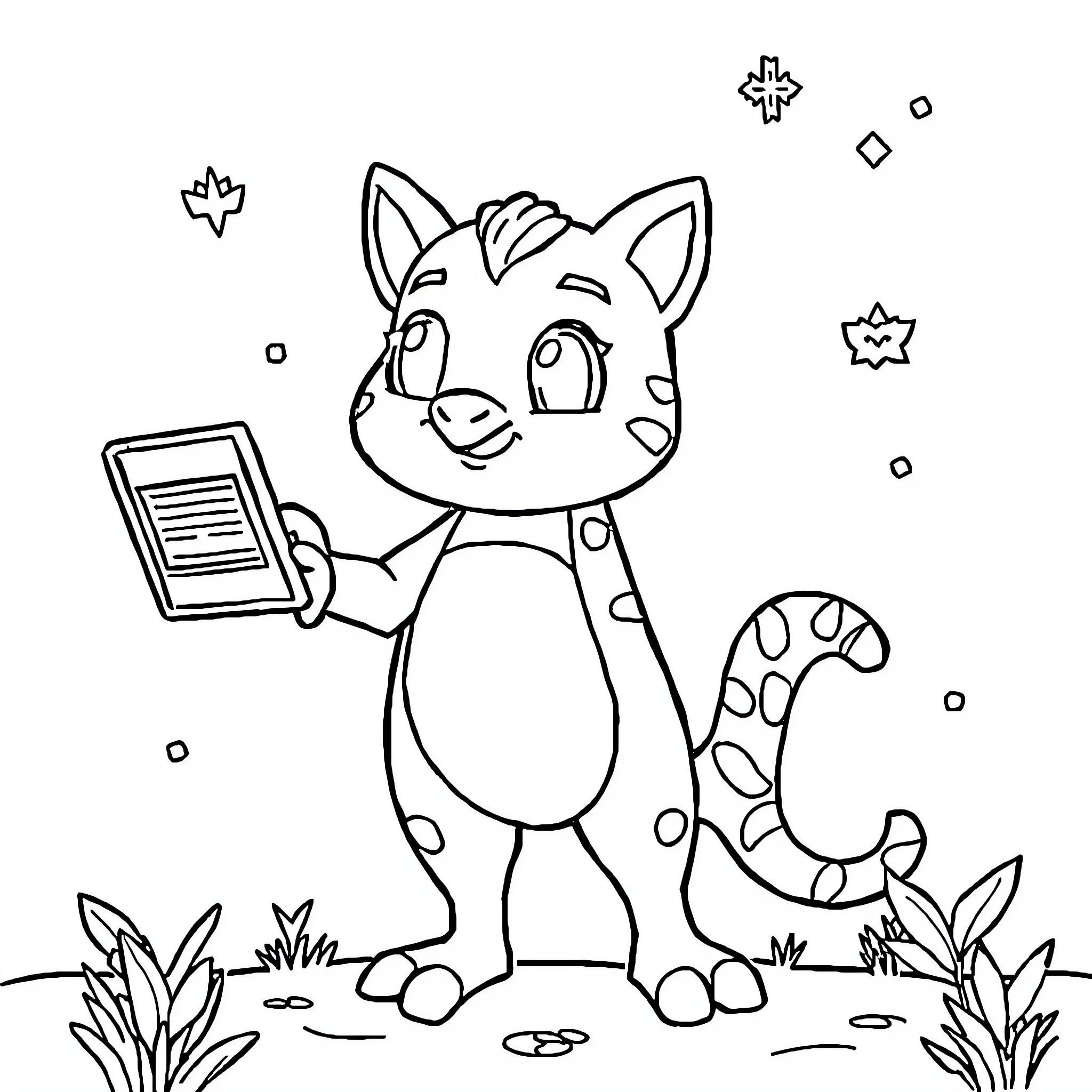 Coding Cute Cat with Tablet Outdoors Coloring Page (free black-and-white line drawing printable PDF for all, from beginners to advanced learners, including children, teens, adults, and seniors)