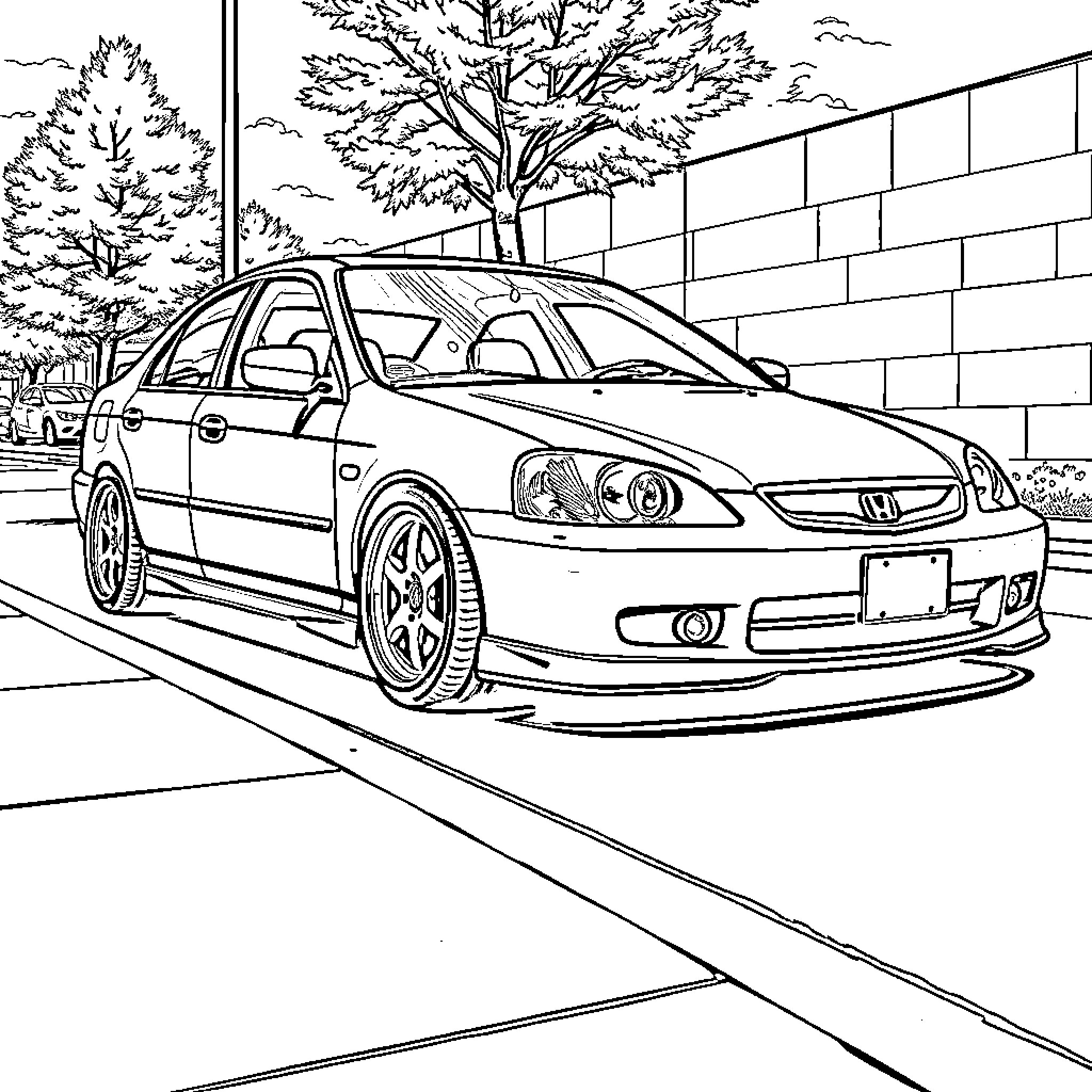 Honda car in a city street scene Coloring Page (free black-and-white line drawing printable PDF for all, from beginners to advanced learners, including children, teens, adults, and seniors)