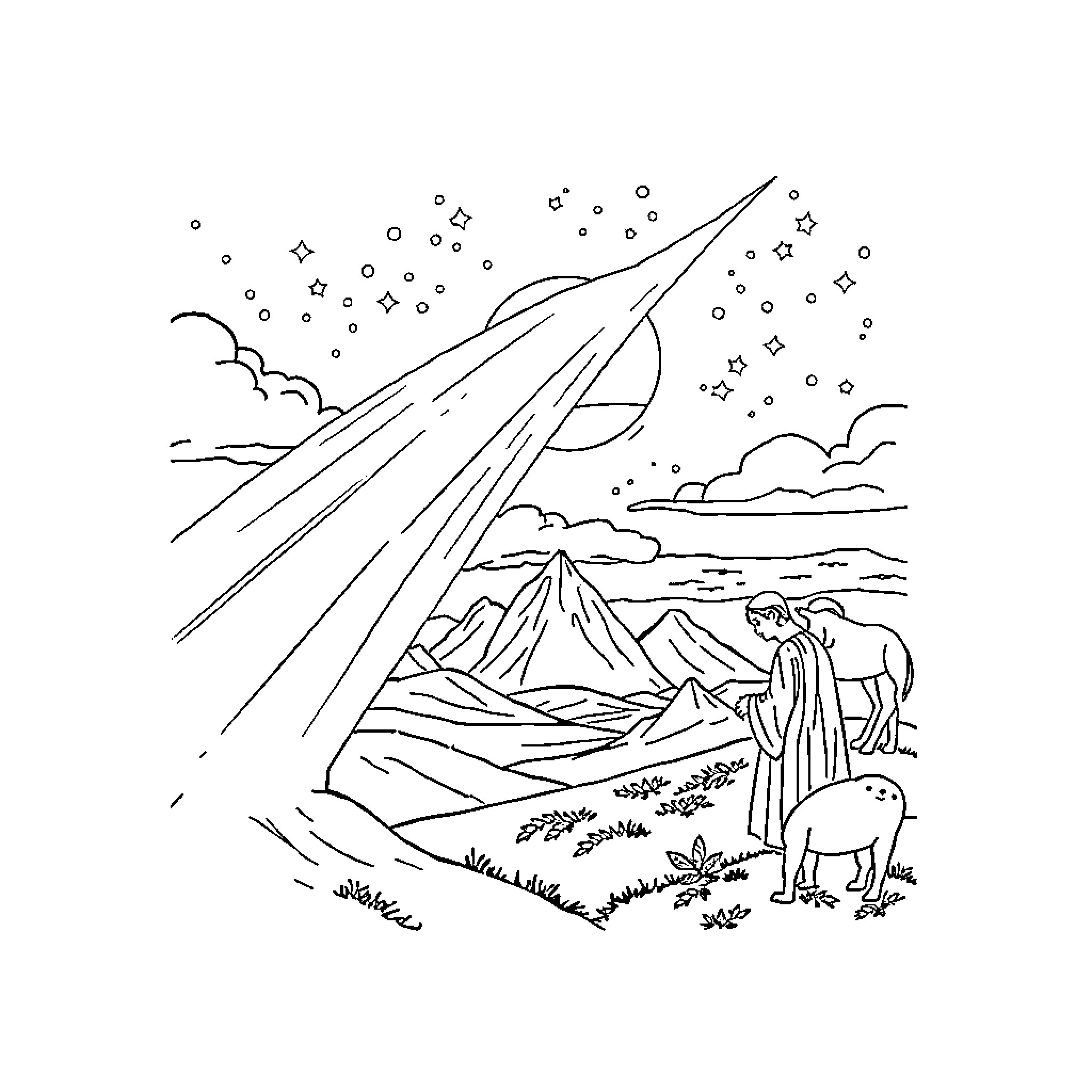 Bible scene with figures walking in mountainous landscape Coloring Page (free black-and-white line drawing printable PDF for all, from beginners to advanced learners, including children, teens, adults, and seniors)