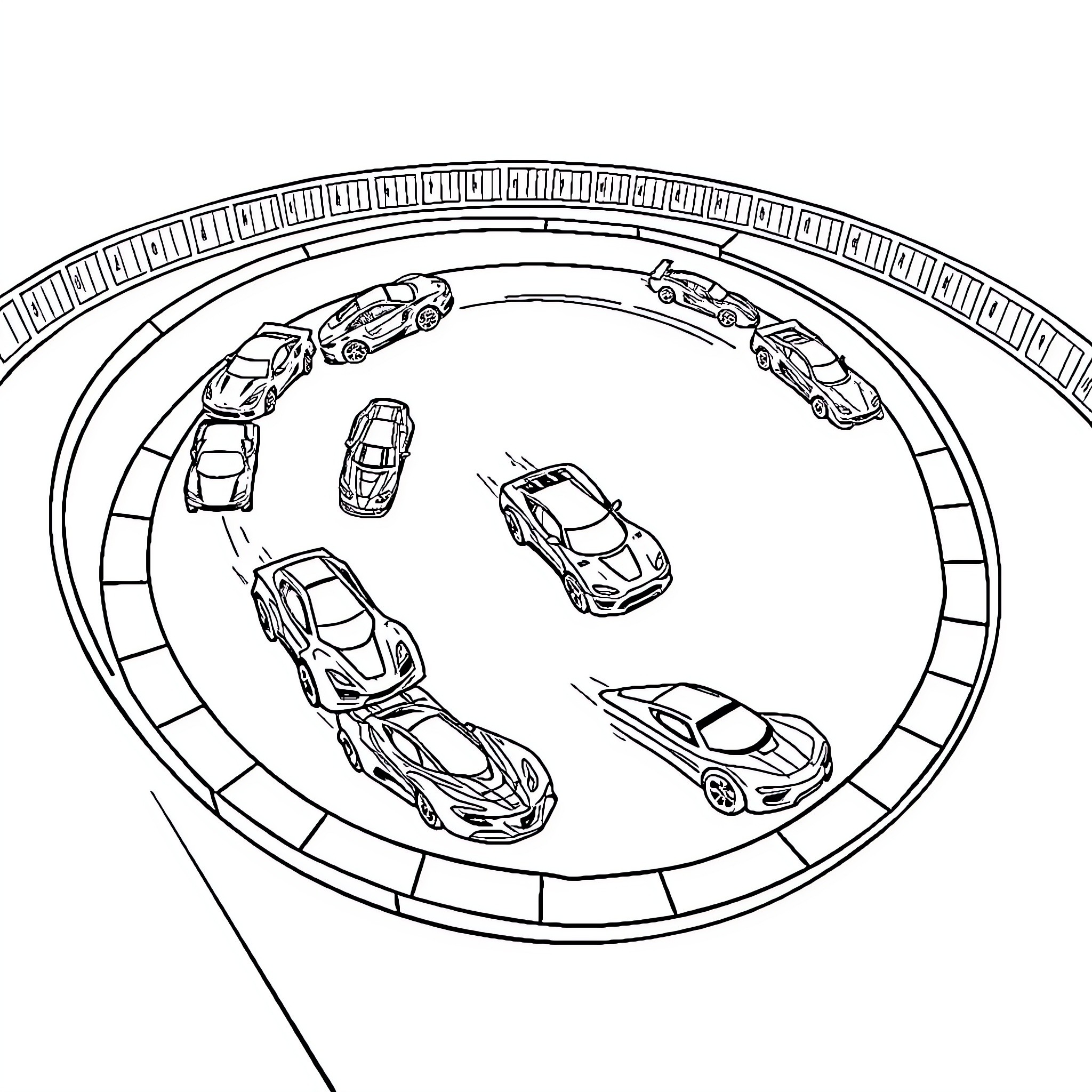 Cars racing around a circular track Coloring Page (free black-and-white line drawing printable PDF for all, from beginners to advanced learners, including children, teens, adults, and seniors)
