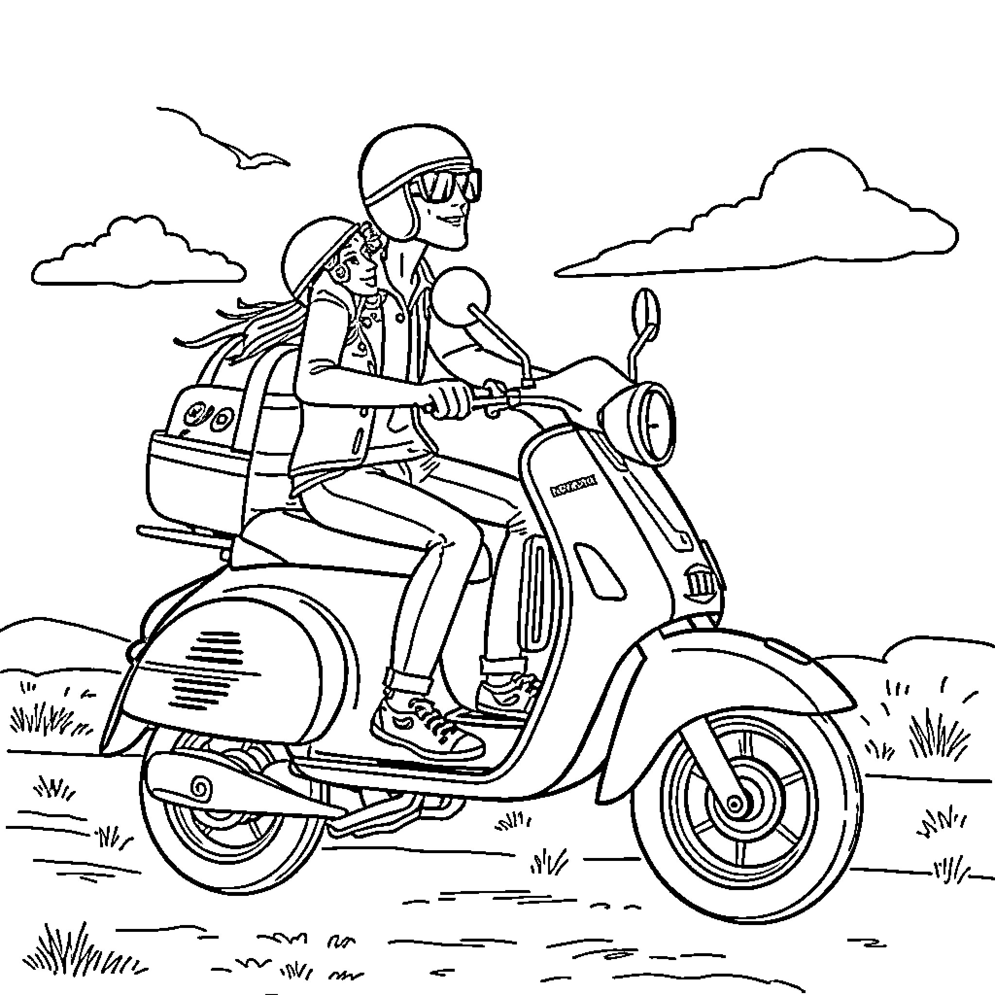 Huntrix Rider on Vintage Scooter in the Countryside Coloring Page (free black-and-white line drawing printable PDF for all, from beginners to advanced learners, including children, teens, adults, and seniors)