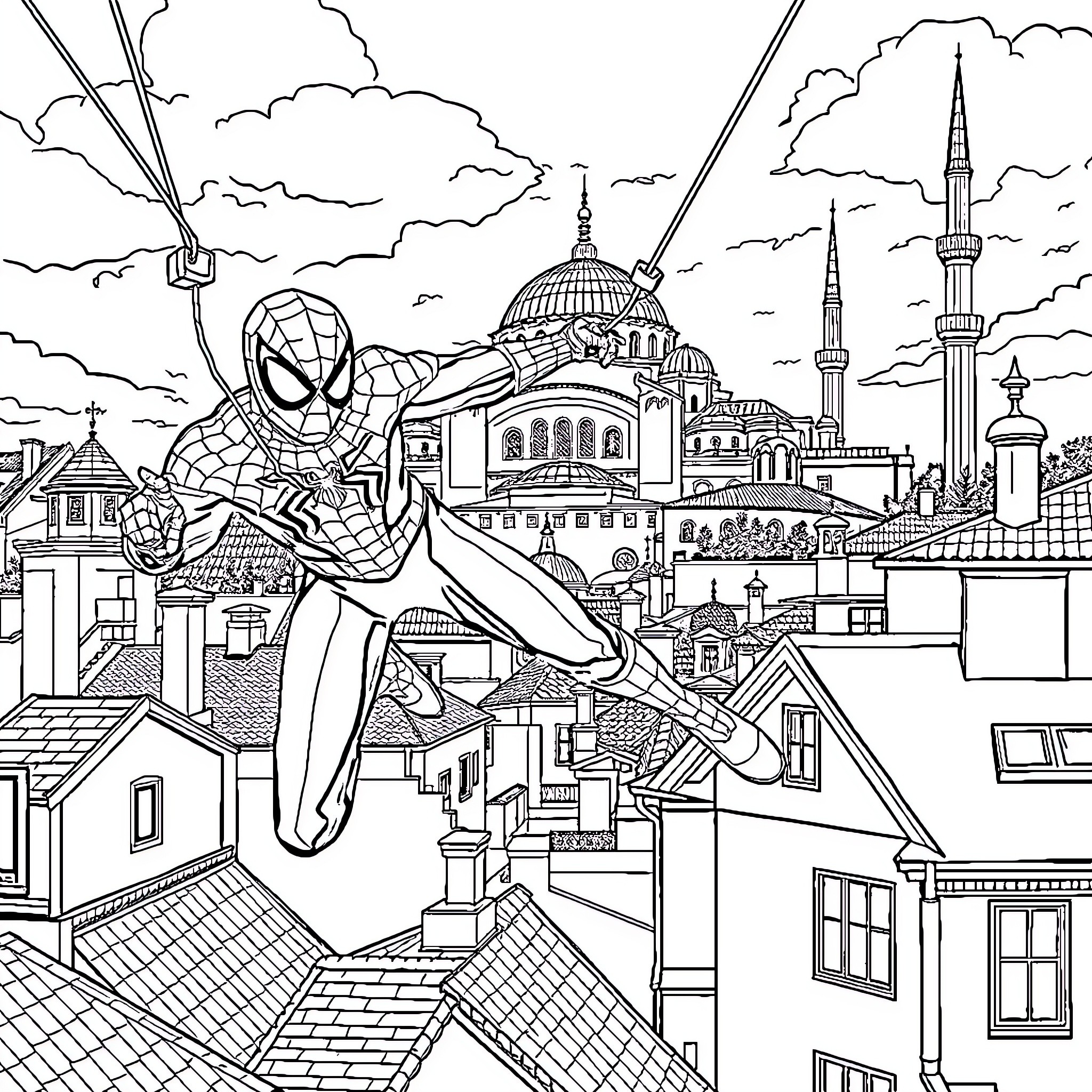 Spiderman swinging through the city skyline Coloring Page (free black-and-white line drawing printable PDF for all, from beginners to advanced learners, including children, teens, adults, and seniors)