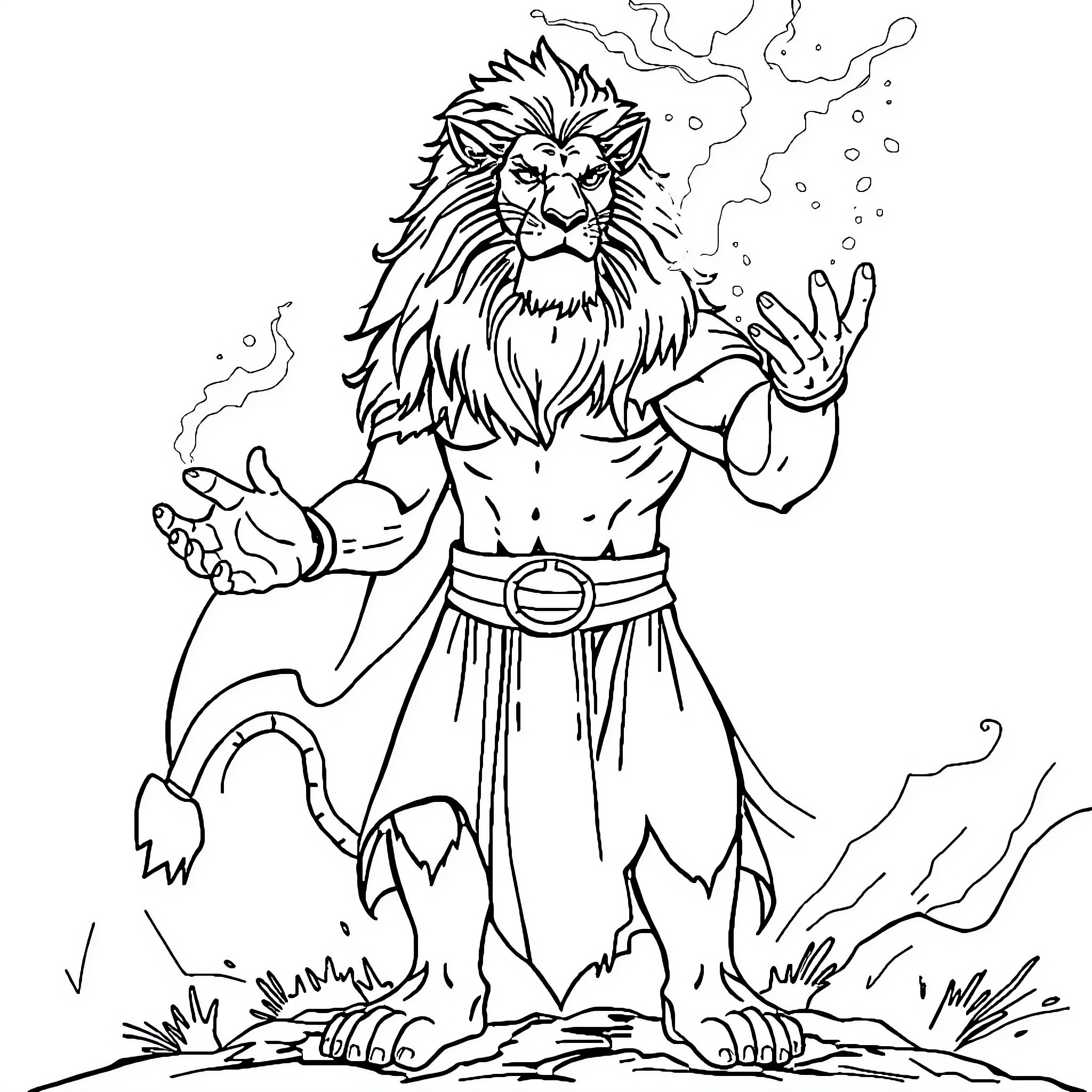 Lion-Man Casting Magical Spells in Enchanted Forest Coloring Page (free black-and-white line drawing printable PDF for all, from beginners to advanced learners, including children, teens, adults, and seniors)