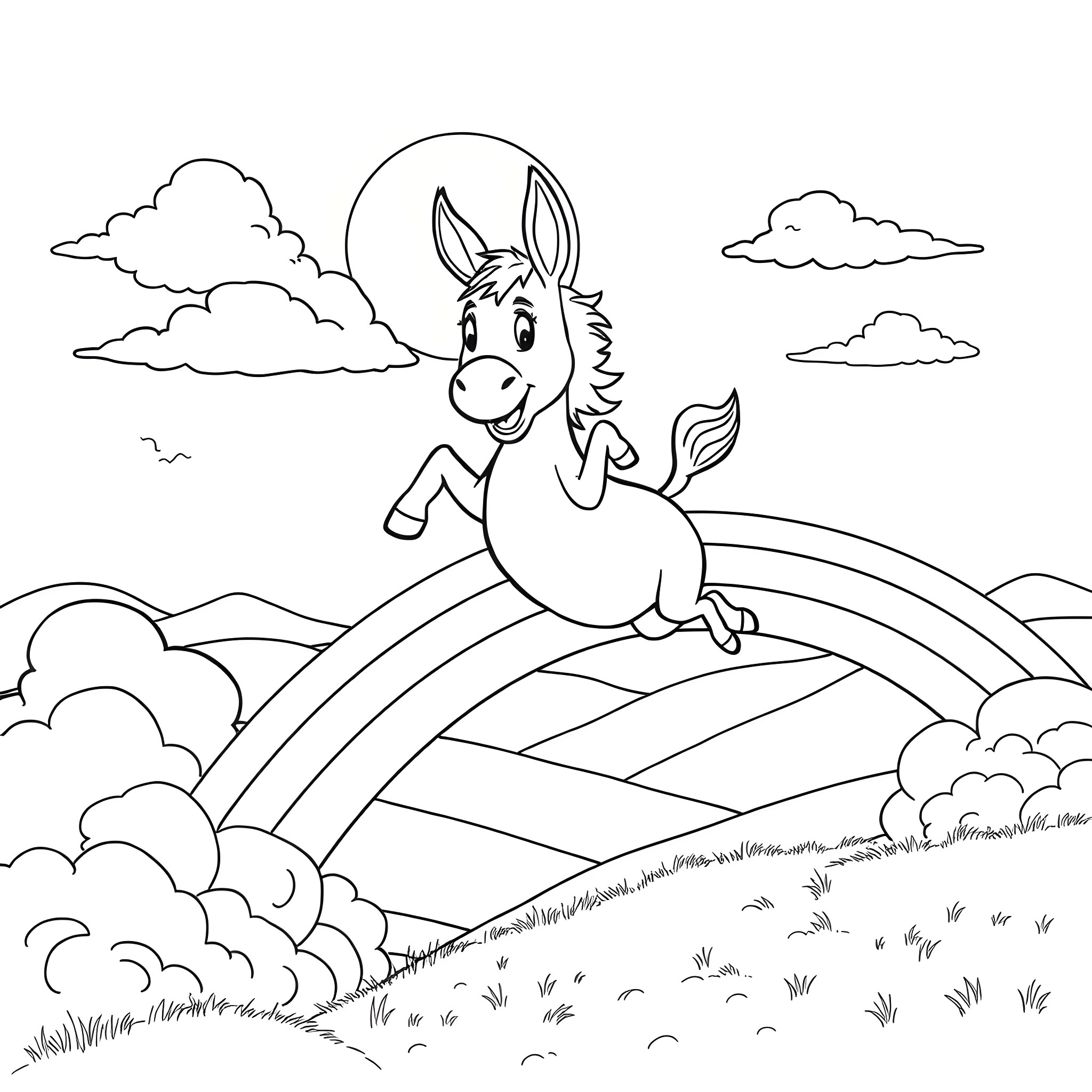 Donkey frolicking joyfully in a scenic landscape Coloring Page (free black-and-white line drawing printable PDF for all, from beginners to advanced learners, including children, teens, adults, and seniors)